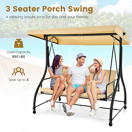 LJG 3 Seat Outdoor Porch Swing with Adjustable Canopy