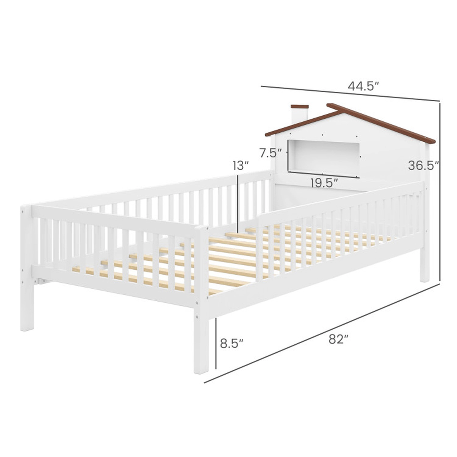 SUGIFT Kids Twin Size Montessori House-Shaped Headboard Solid Pine Bed 82-in x 44.5-in x 36.5-in 440-lb Capacity White