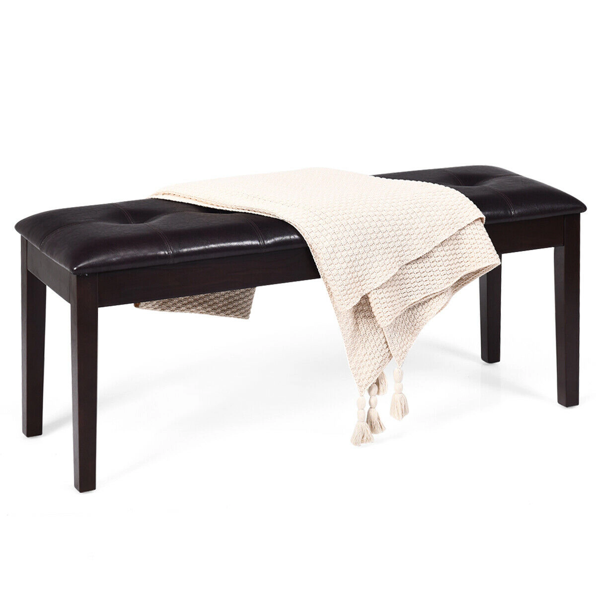 Glintex 46-Inch Button-Tufted PU Bench with Solid Rubberwood Legs, Brown