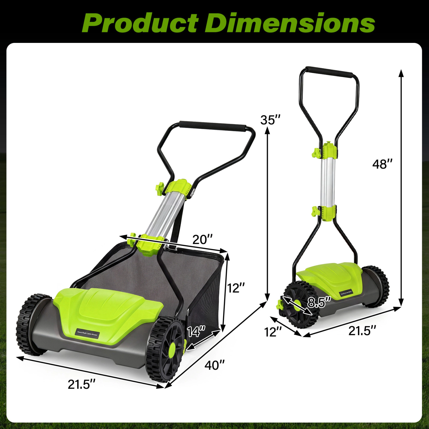 LJG 16 Inch Adjustable Cutting Heights 5-Blade Push Reel Lawn Mower with 8 Gal Removable Grass Catcher Bag