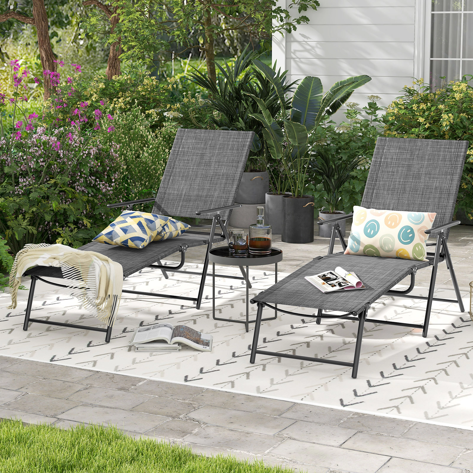 SUGIFT Gray 6-Level Backrest 2-Level Footrest 330-lb Set of 2 Folding Patio Chaise Lounge Recliners