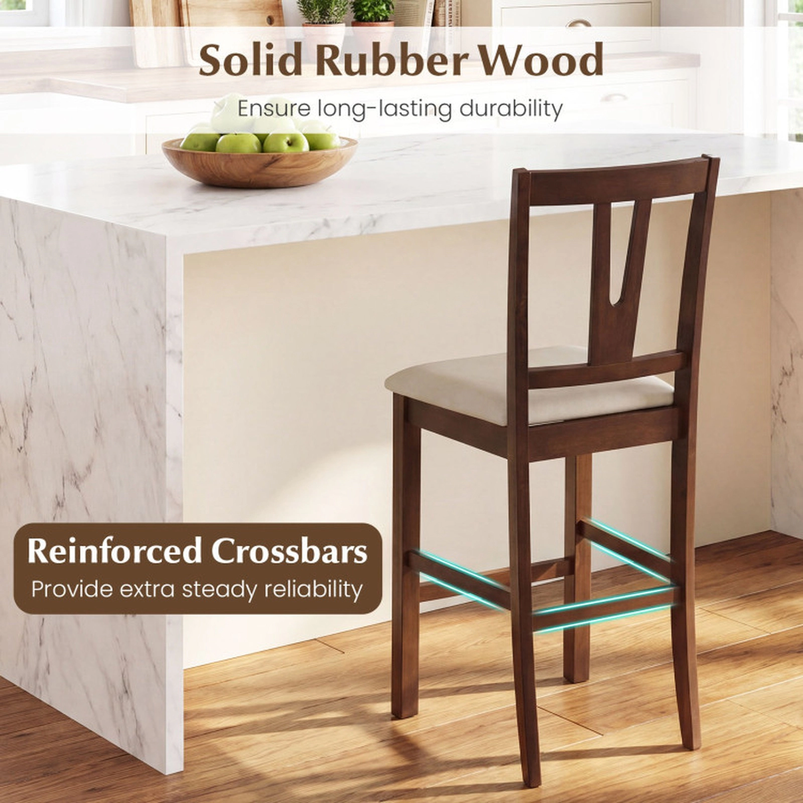 SUGIFT Walnut and Cream Contoured V-Back and Upholstered Seat Set of 2 Counter Height Bar Stool