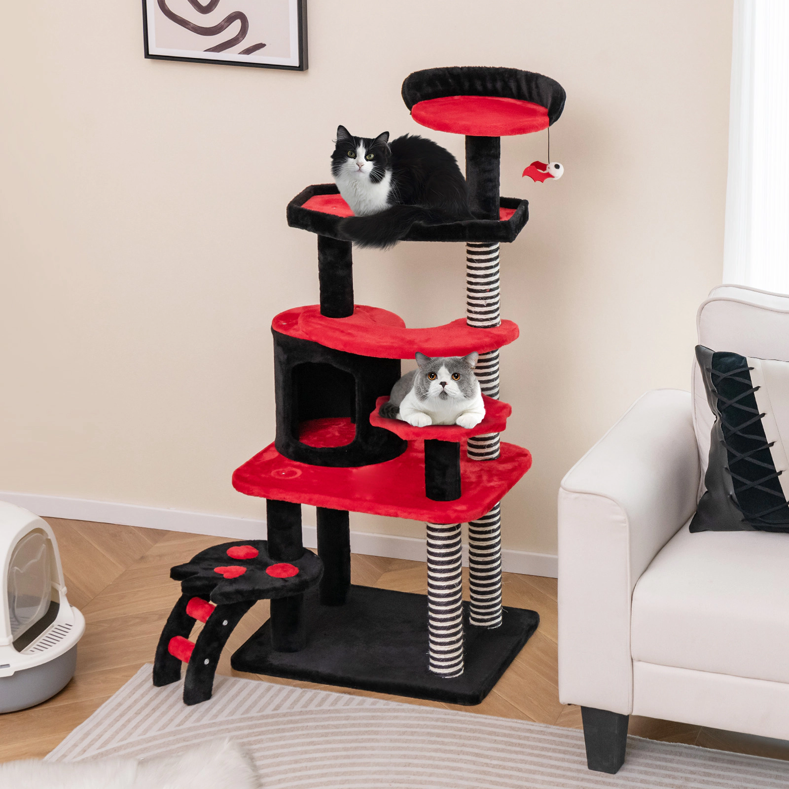 SUGIFT Black and Red 52 in Gothic Cat Tree with Cat Bed Condo and Sisal Post