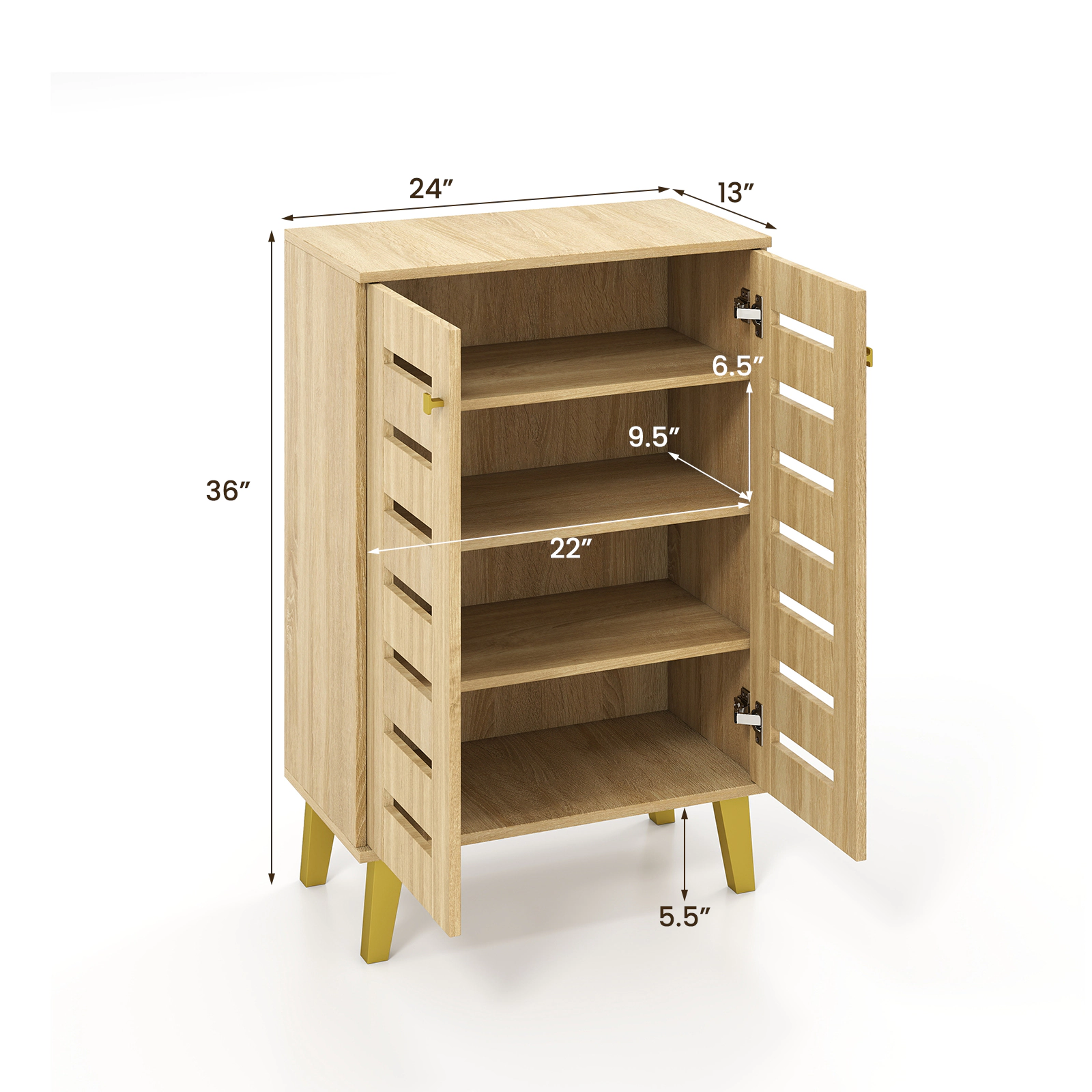 SUGIFT 4-Tier Natural 24-in Small Freestanding Wood Shoe Cabinet with Louvered Doors and Soft Close