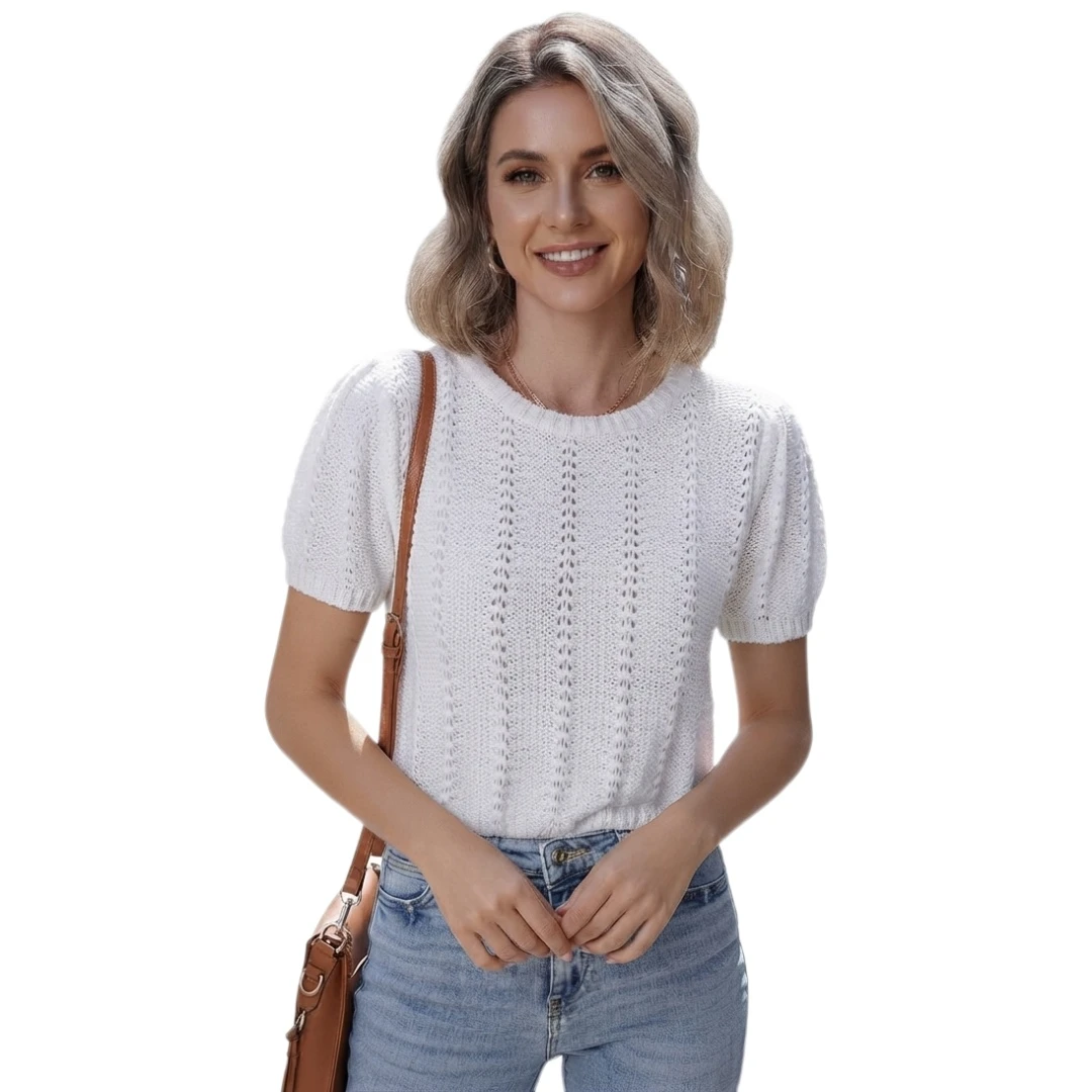 Coolmee Women's Round Neck Mesh Hollow Out Woven Short Sleeve Knit Top Summer