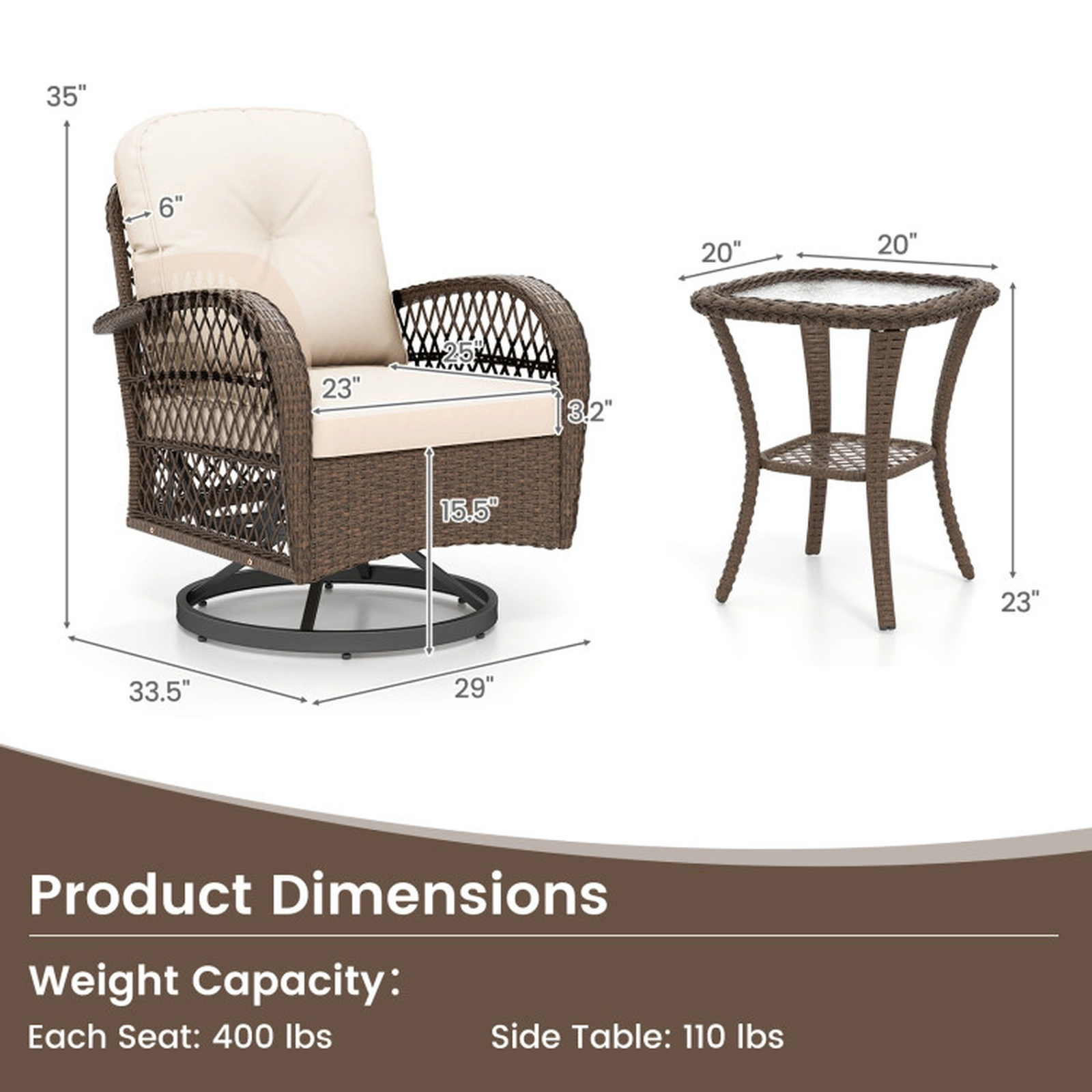 SUGIFT Patio Swivel Rocker Chair Set with Tempered Glass Side Table 400-lb Seat and 110-lb Table Capacity White Cushions