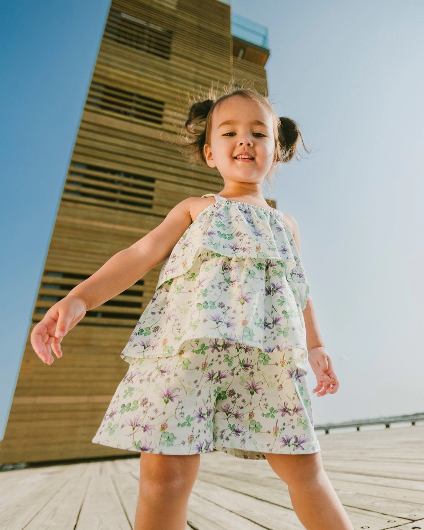 Deux par Girls Jersey Romper with Tiers Printed Flowers