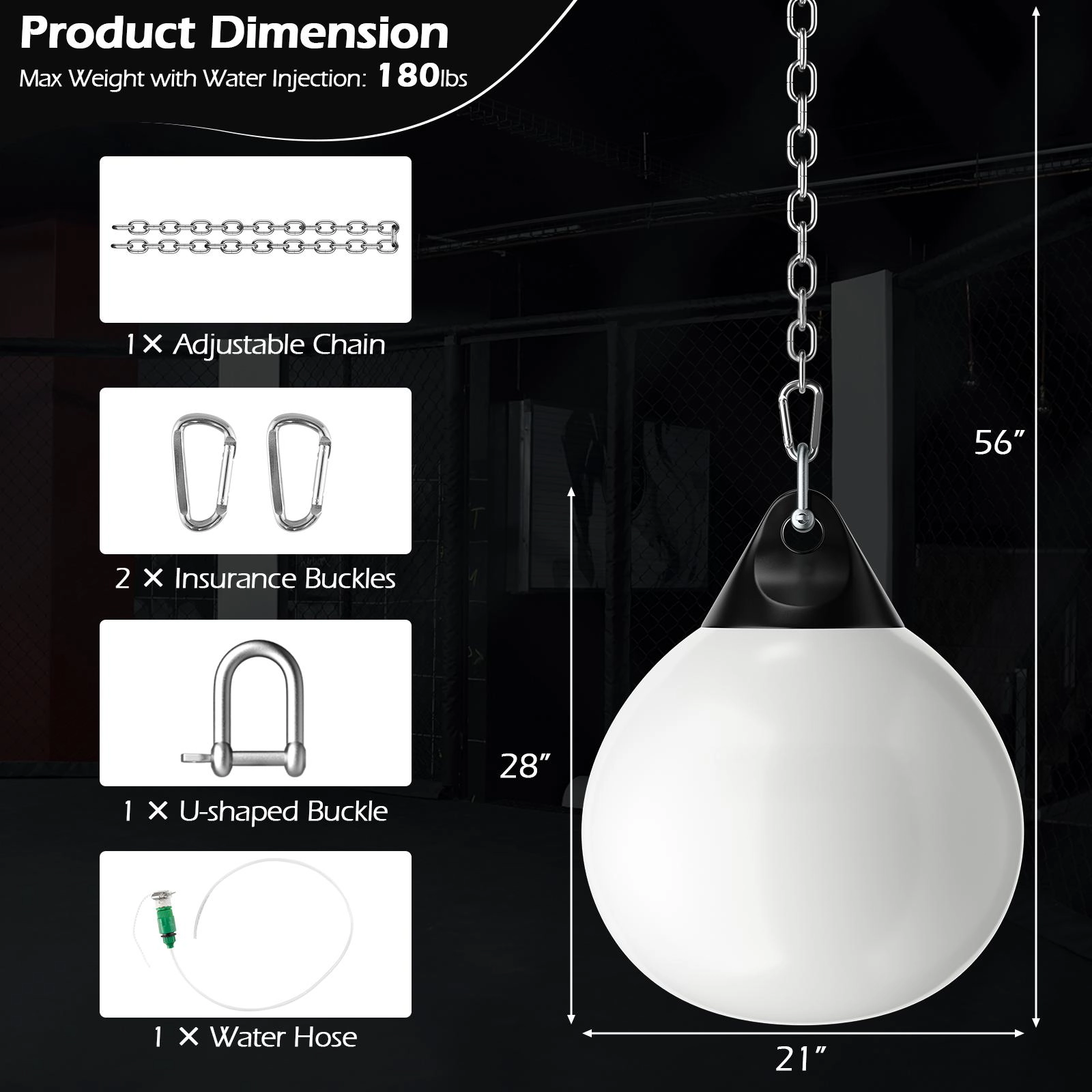 SUGIFT White Adult Water Punching Bag with Adjustable Metal Chain and 39-in Filling Hose 21-in Dia 28-in H