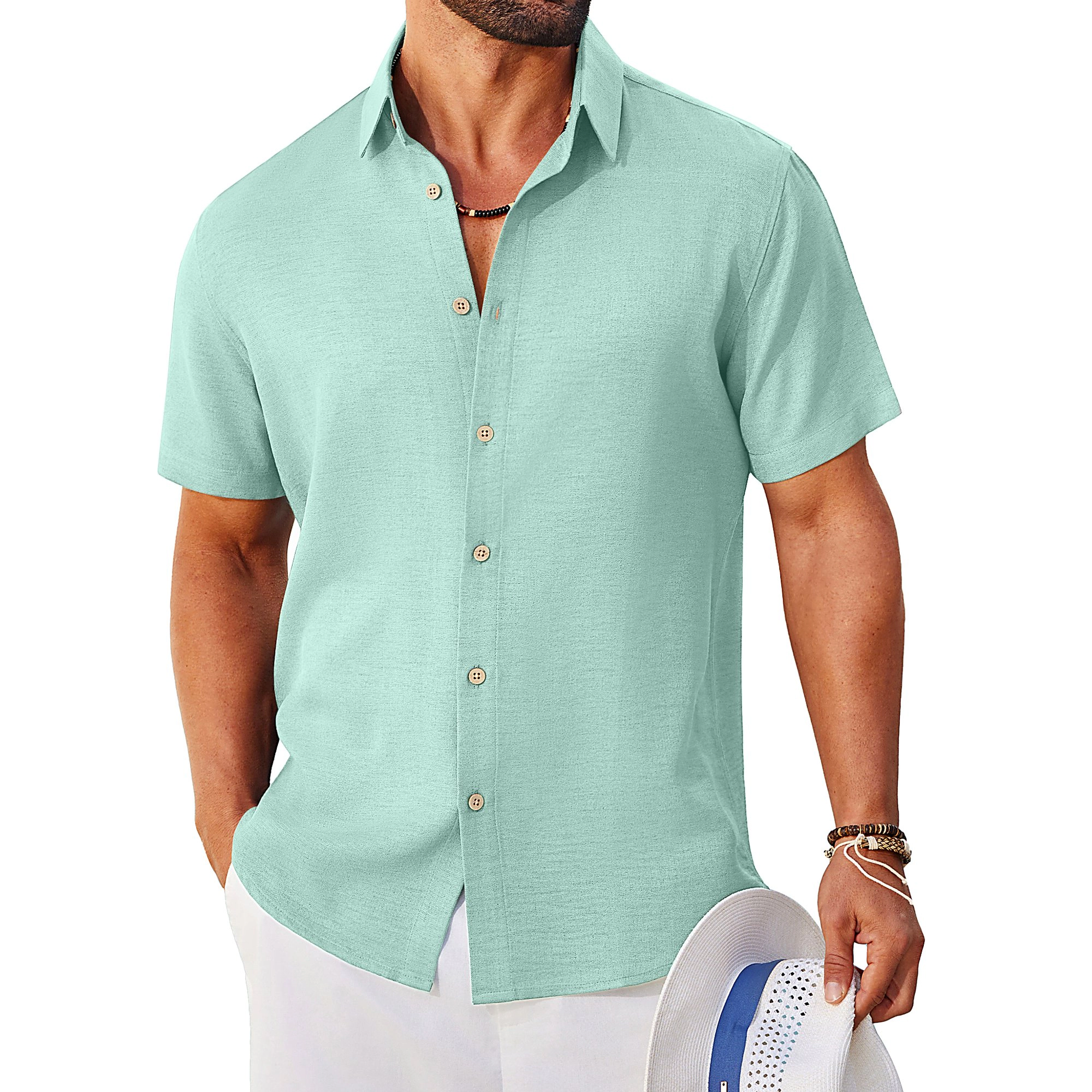 COOFANDY Mens Casual Short Sleeve Button Down Shirts  Lapel Collar Solid Tops
