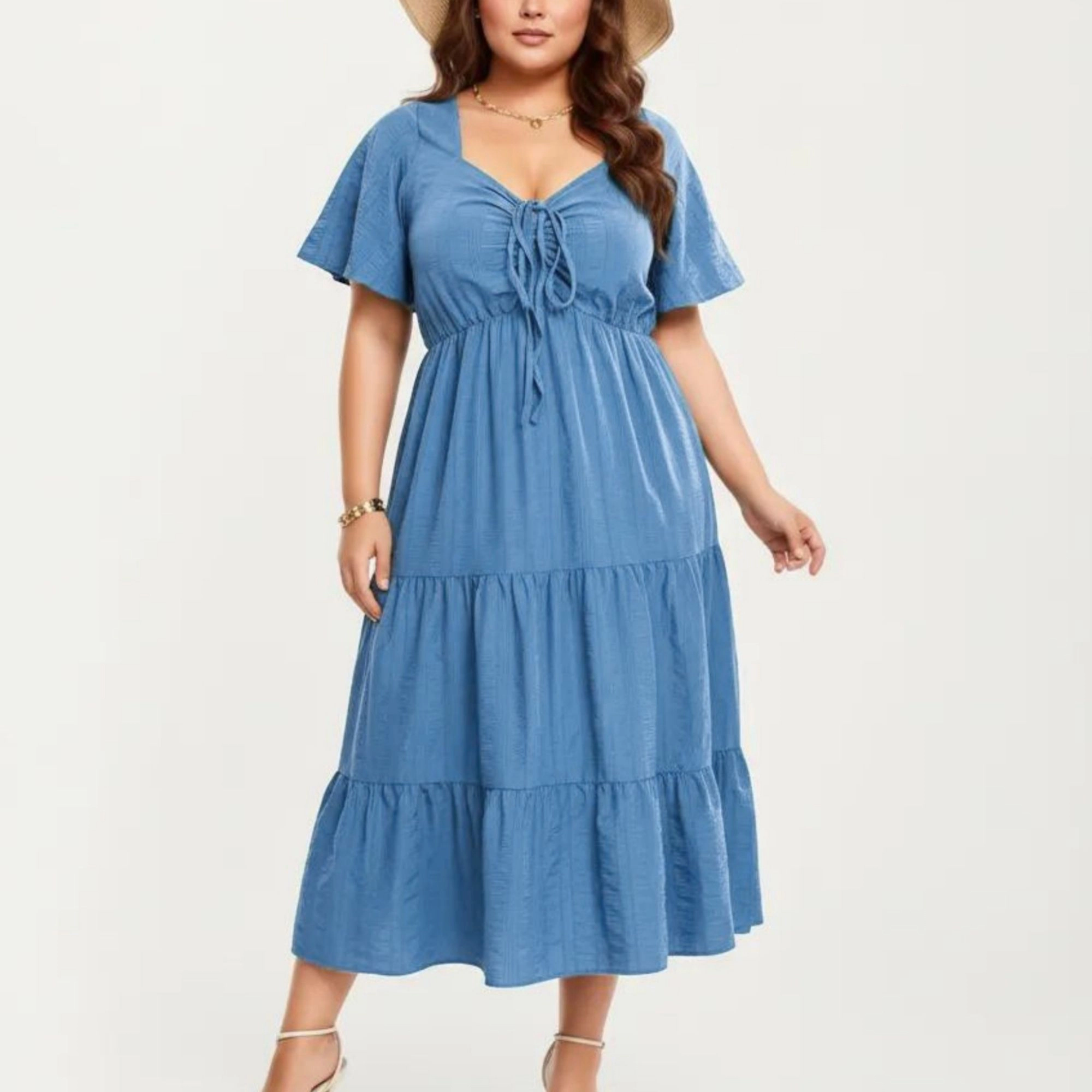 Anna-Kaci Women's Plus Short Sleeve V Neck Front Tie Elastic Waist Tiered Maxi Dress