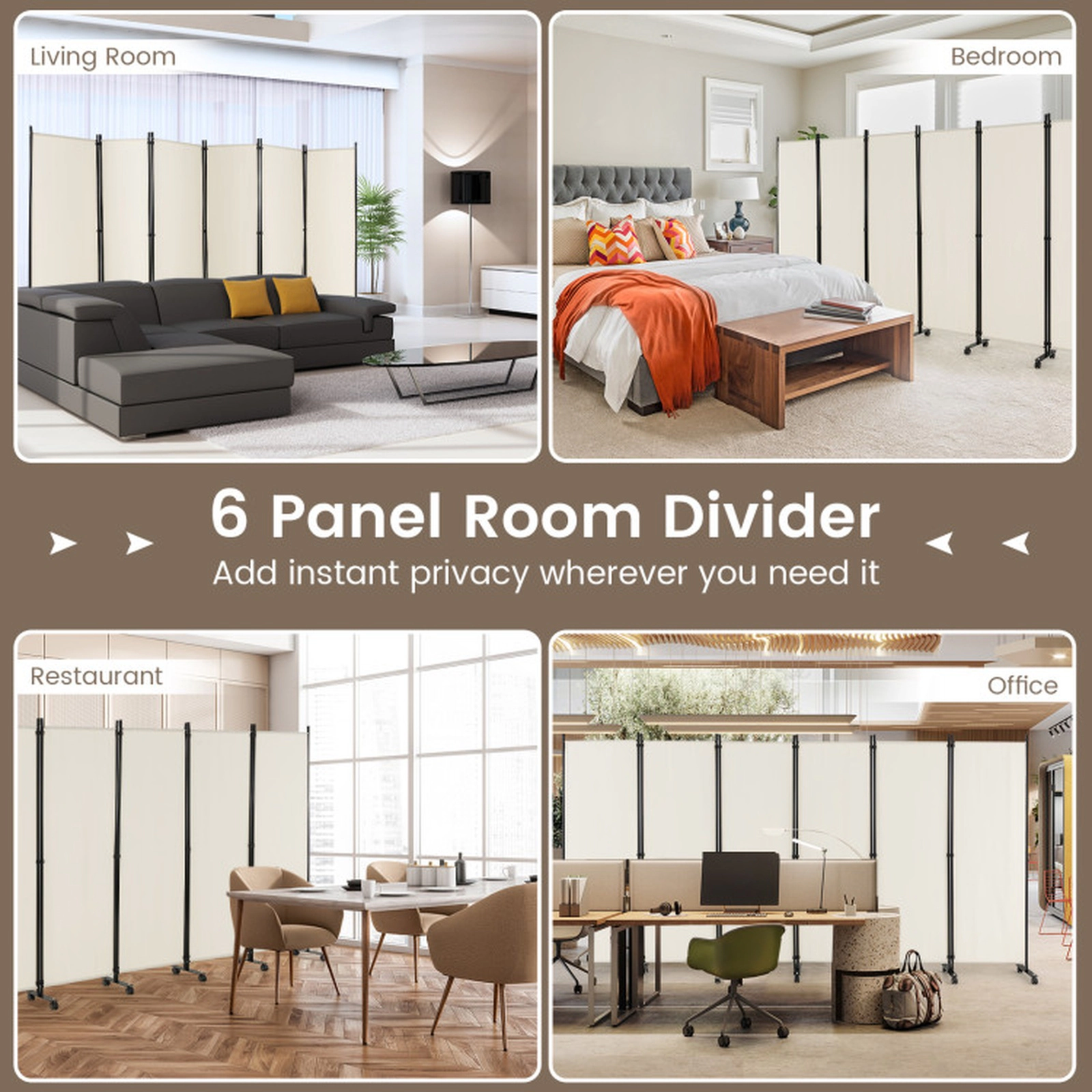 SUGIFT White 6-Panel 132-in Wide 68-in Tall Rolling Folding Room Divider Privacy Screen with 14 Wheels