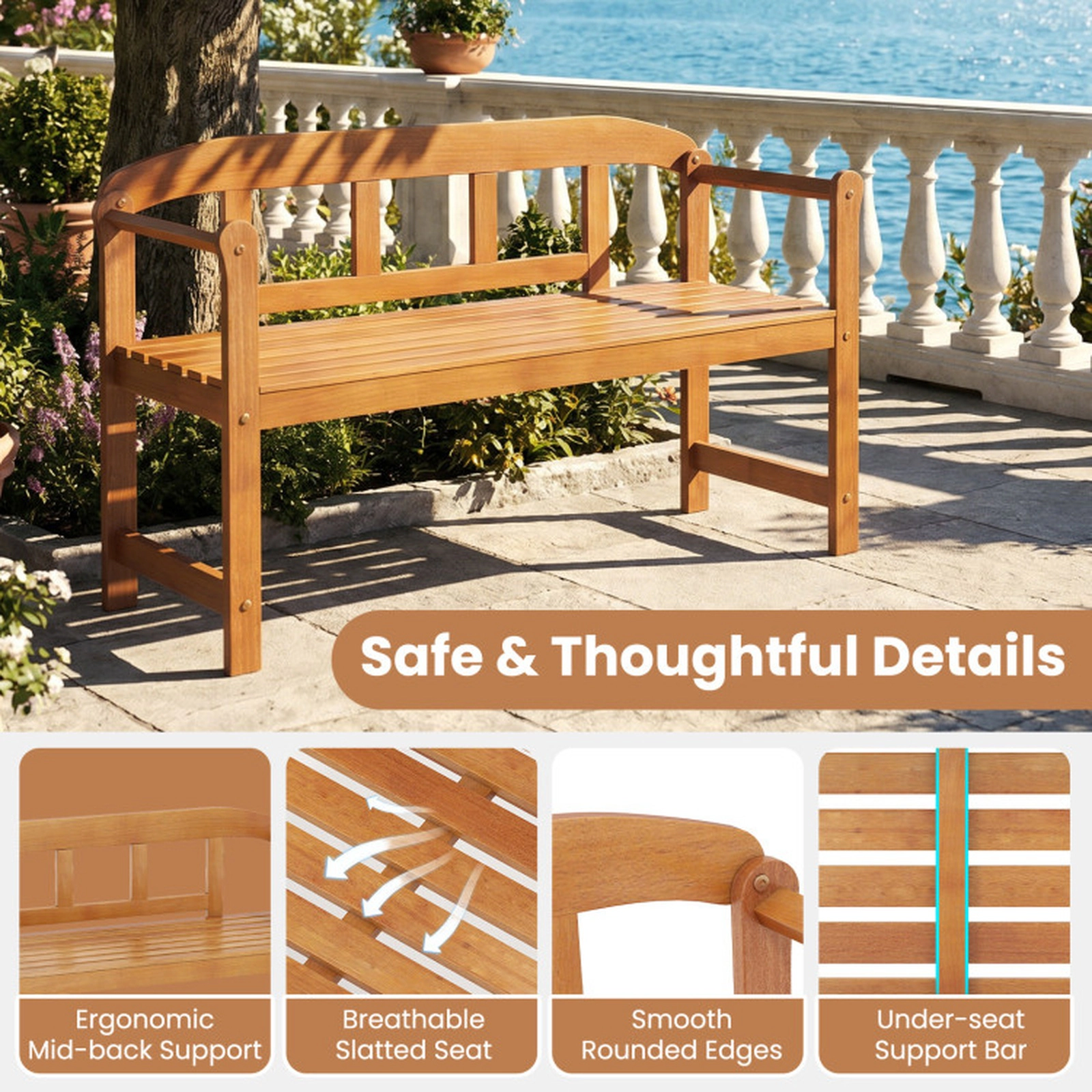 SUGIFT Natural Backrest and Armrests 2-Seater 46.5 Inch Outdoor Acacia Wood Garden Bench