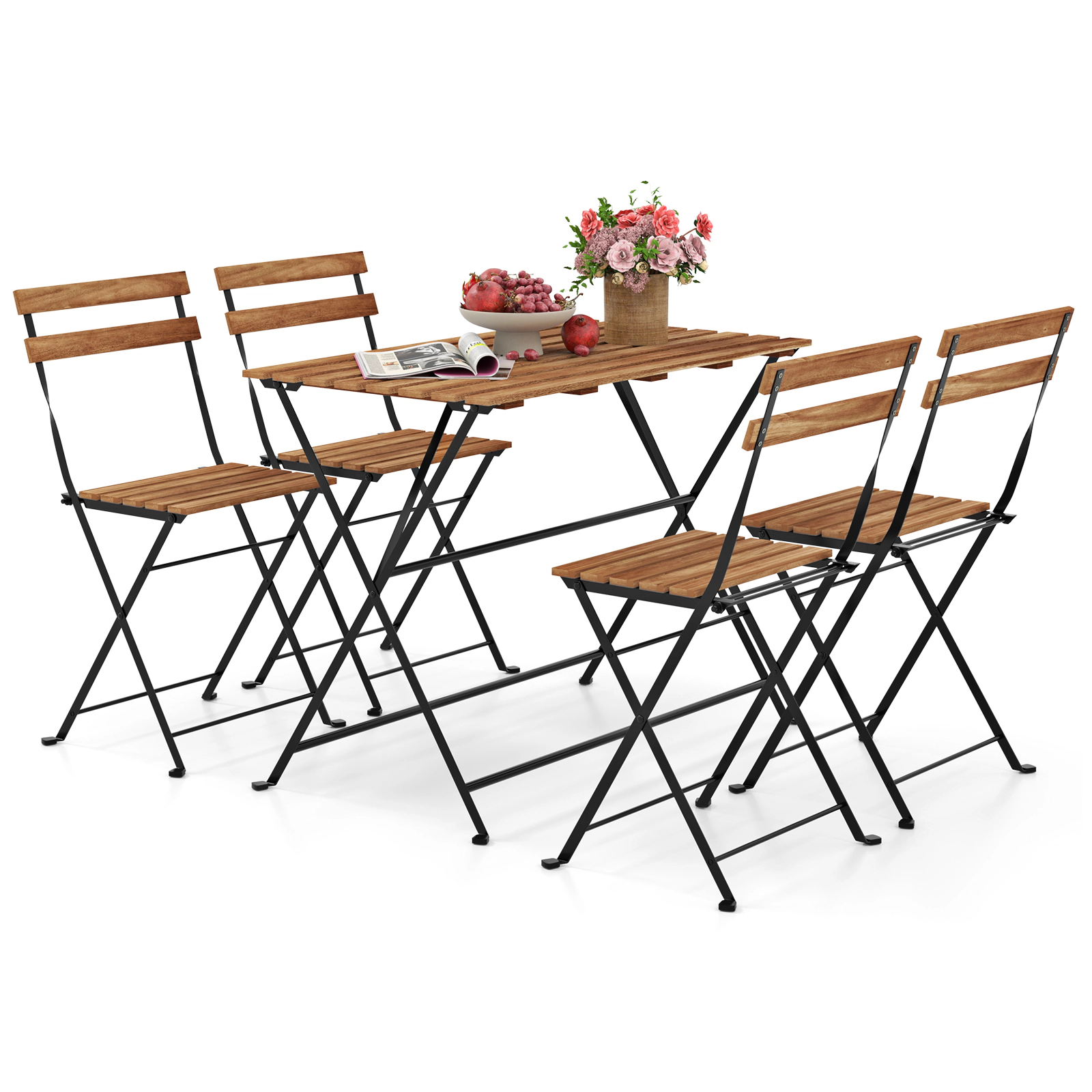 LJG 5 Piece Patio Acacia Wood Dining Set with 4 Folding Chairs