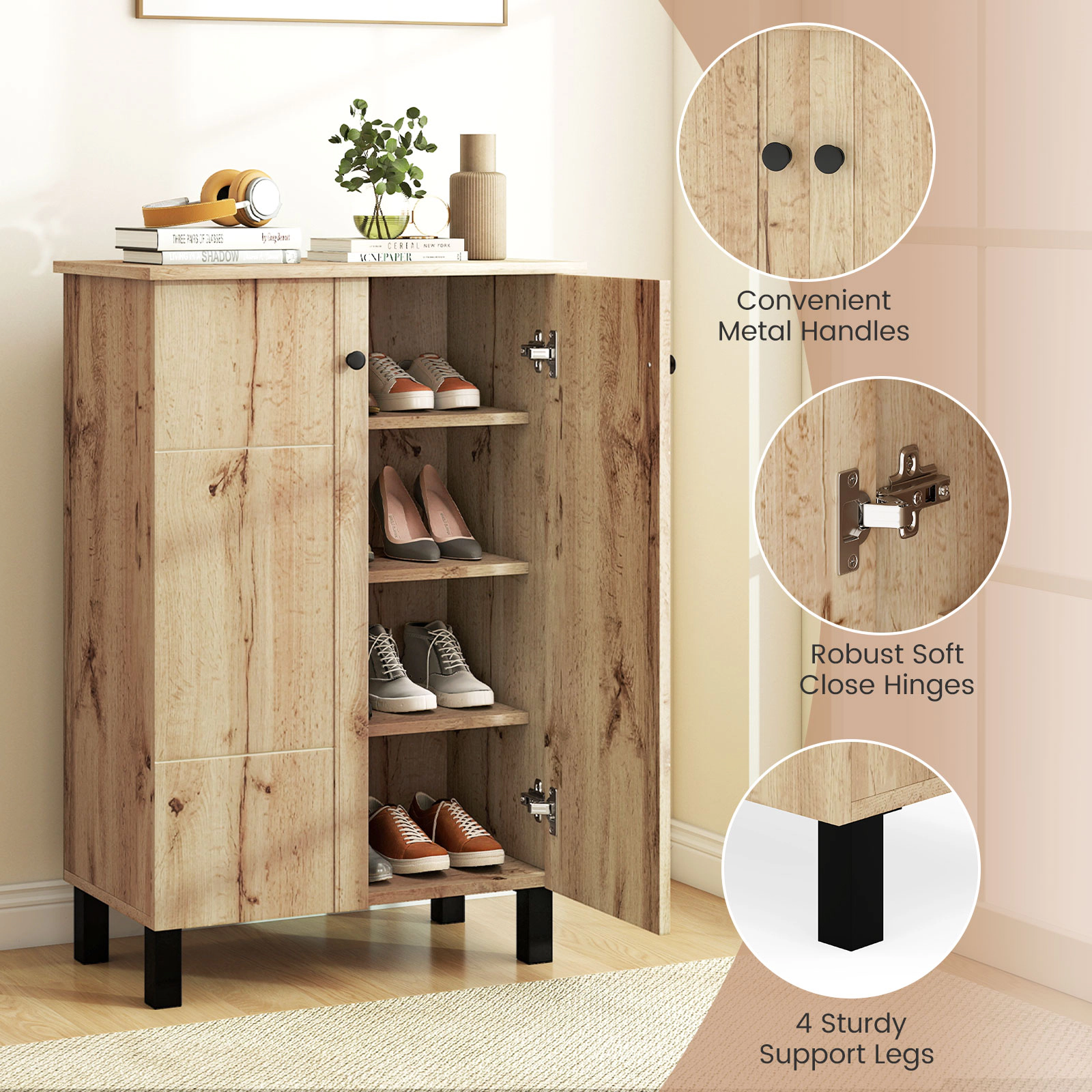 SUGIFT Natural 2 Doors 3 Removable Shelves and Anti-Tip Hardware 4-Tier Shoe Cabinet
