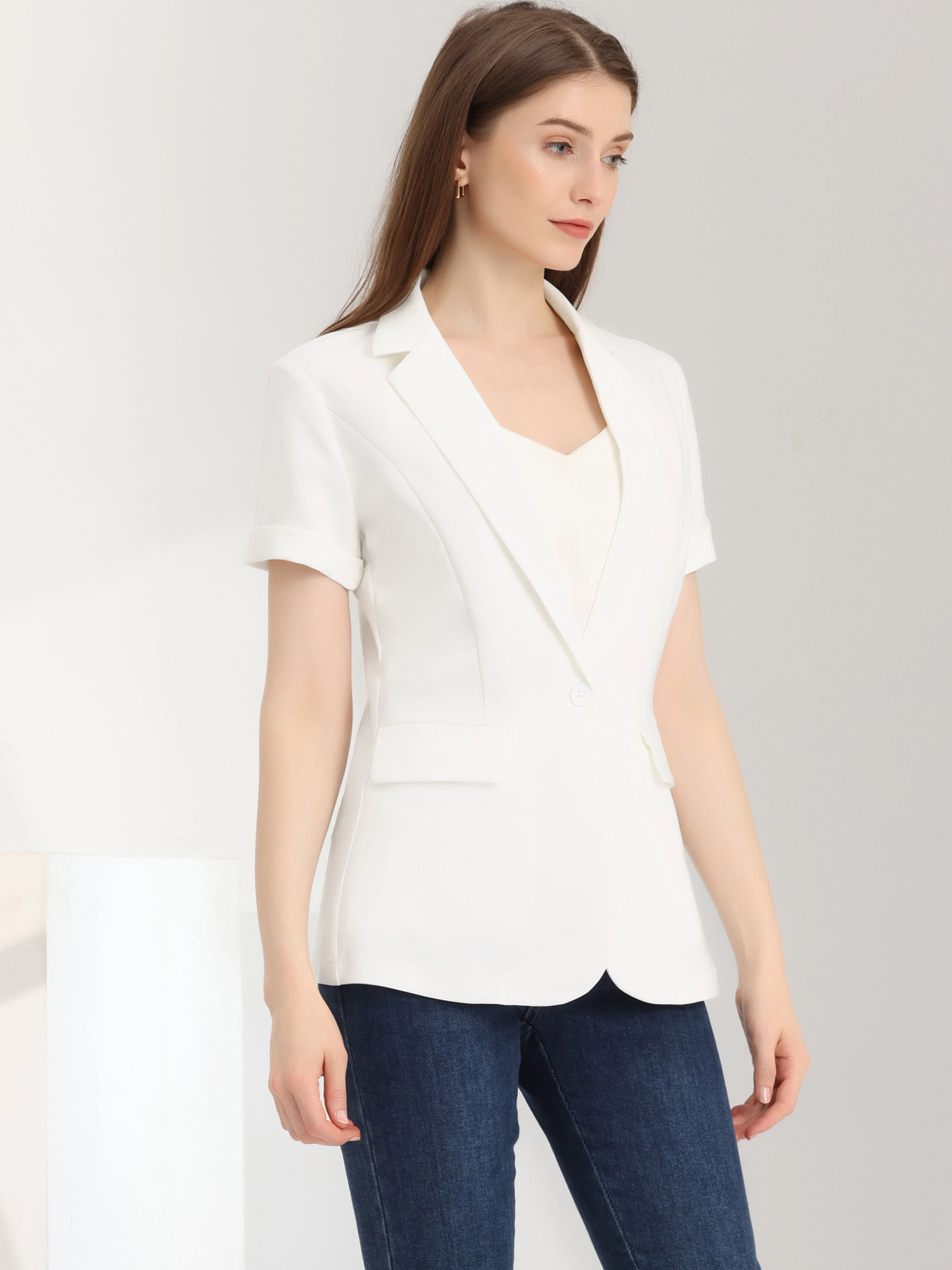 INSPIRE CHIC Women's Notch Lapel Collar One Button Formal Short Sleeve Blazer