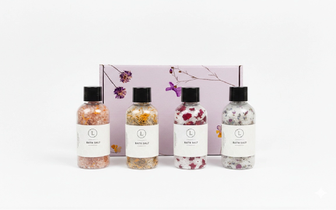Lizush Luxurious Natural Bath Salts Discovery Set - 4 Botanical Glass Bottles