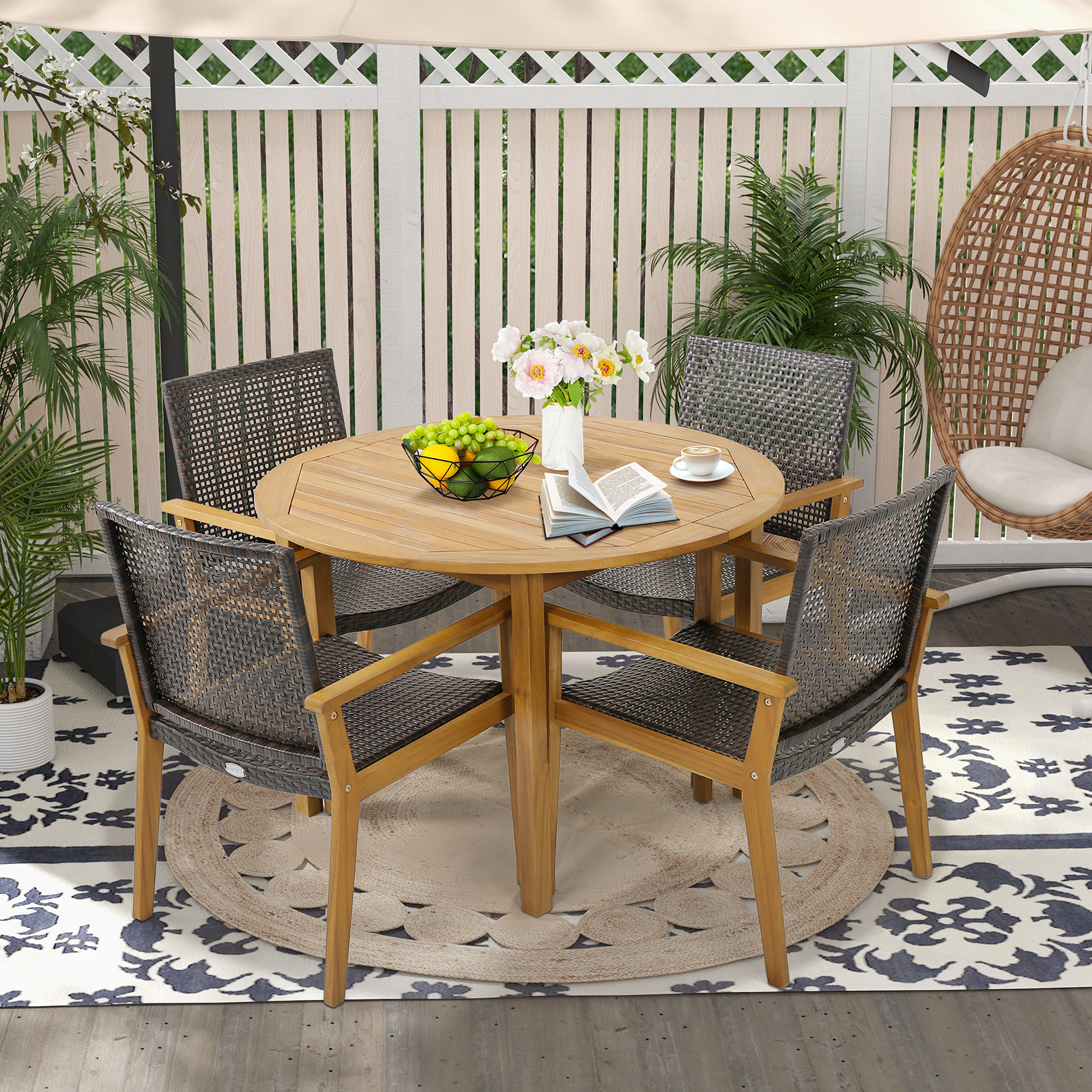 LJG Set of 4 Outdoor Rattan Chair with Sturdy Acacia Wood Frame
