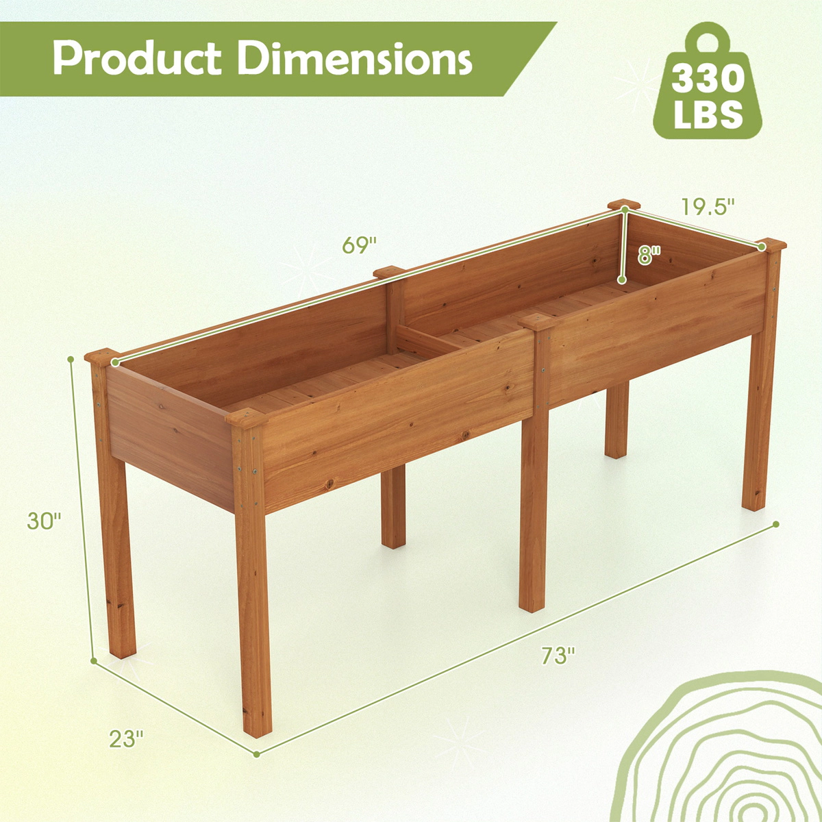 SUGIFT Fir Wood Outdoor Raised Garden Bed with Divider Panel and Drainage Holes 330-lb Capacity Brown/Natural