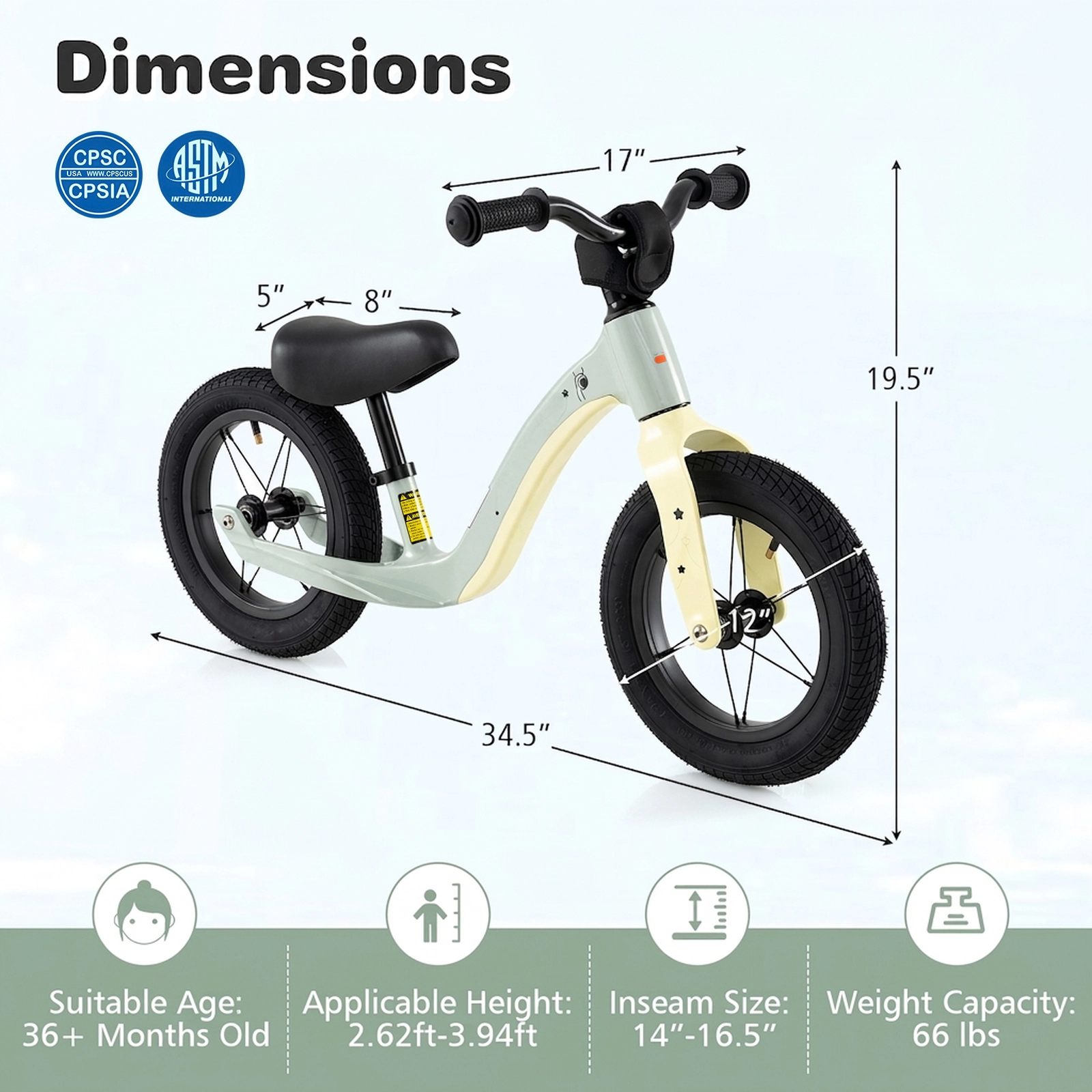 12-in Balance Bike with Magnesium Alloy Frame Rotatable Handlebar and Adjustable Locking Seat for 36+ Months Kids Bike