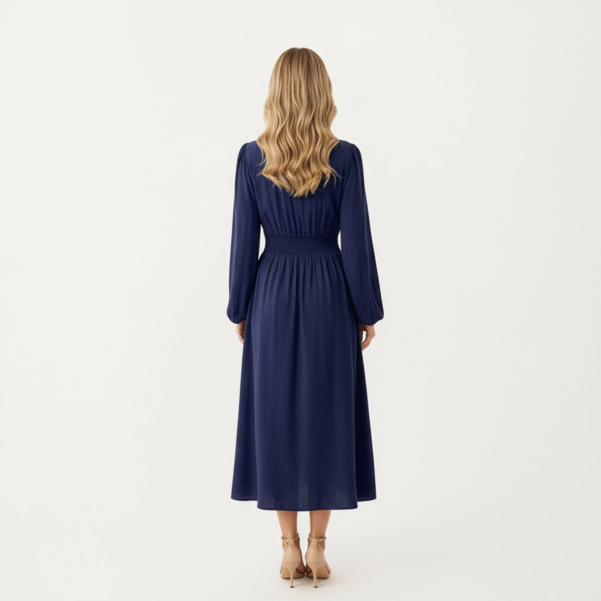 Anna-Kaci Women's Long Sleeve Embroidered Midi Dress with Smocked Waist and V-Neckline
