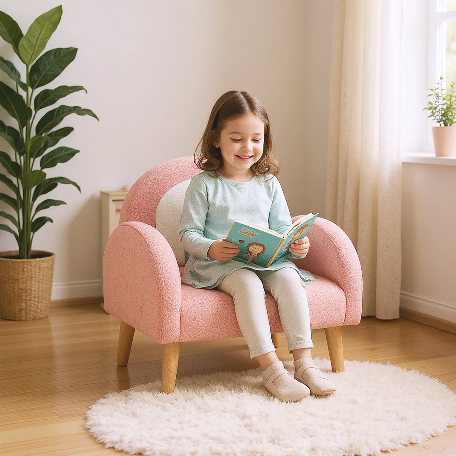 SUGIFT Pink Toddler Armchair with Teddy Fleece, Padded Arms and Wood-Like Legs