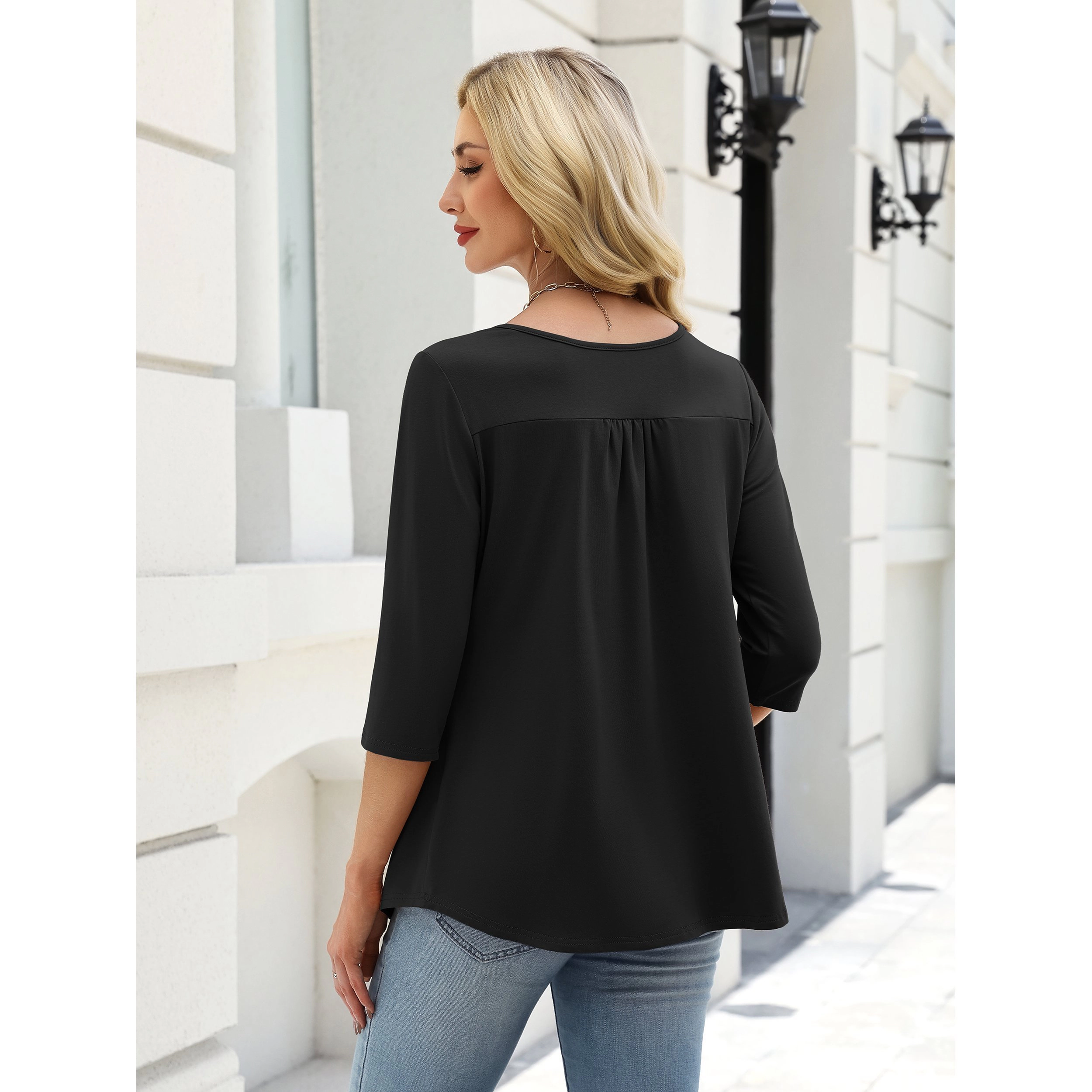 Zeagoo Women's Square Neck Half Button Babydoll Gathered Bust Three Quarter Sleeve Knit Pullover