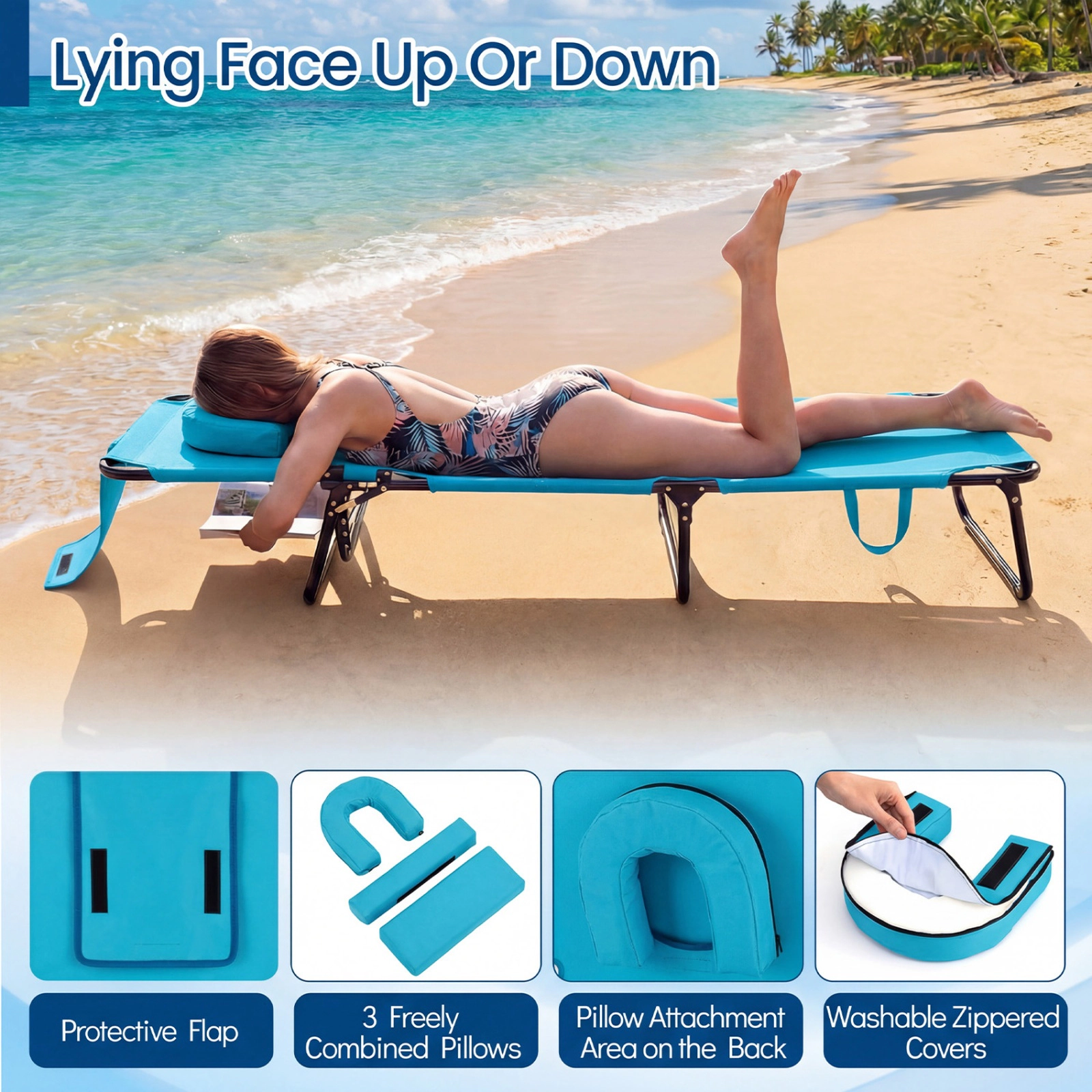 SUGIFT Adjustable Folding Face Down Tanning Chair with Face Hole and 3 Removable Pillows 330-lb Capacity Turquoise