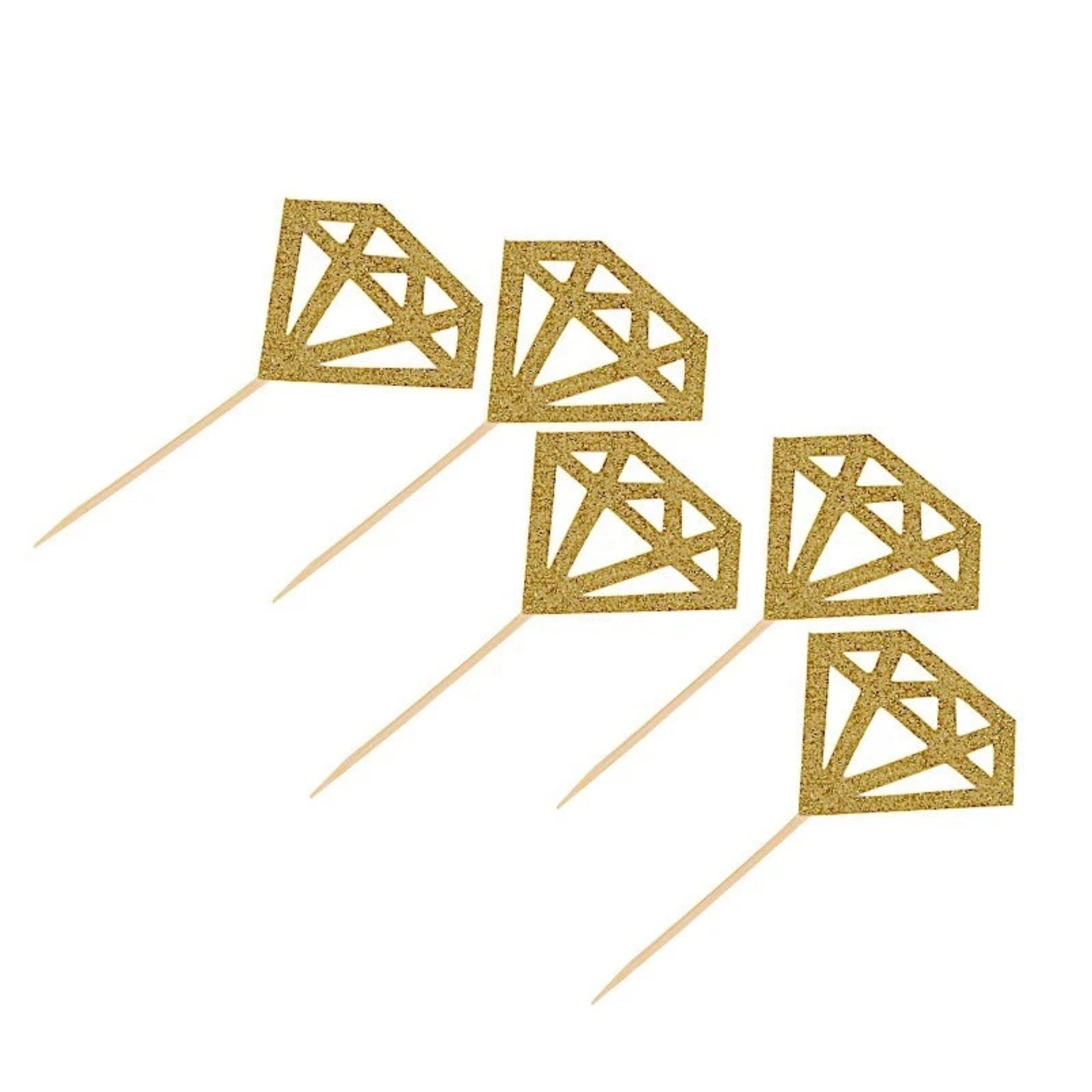 Home Collection Pack of 24 Gold Glitter Diamond Ring Cupcake Toppers with Wooden Picks