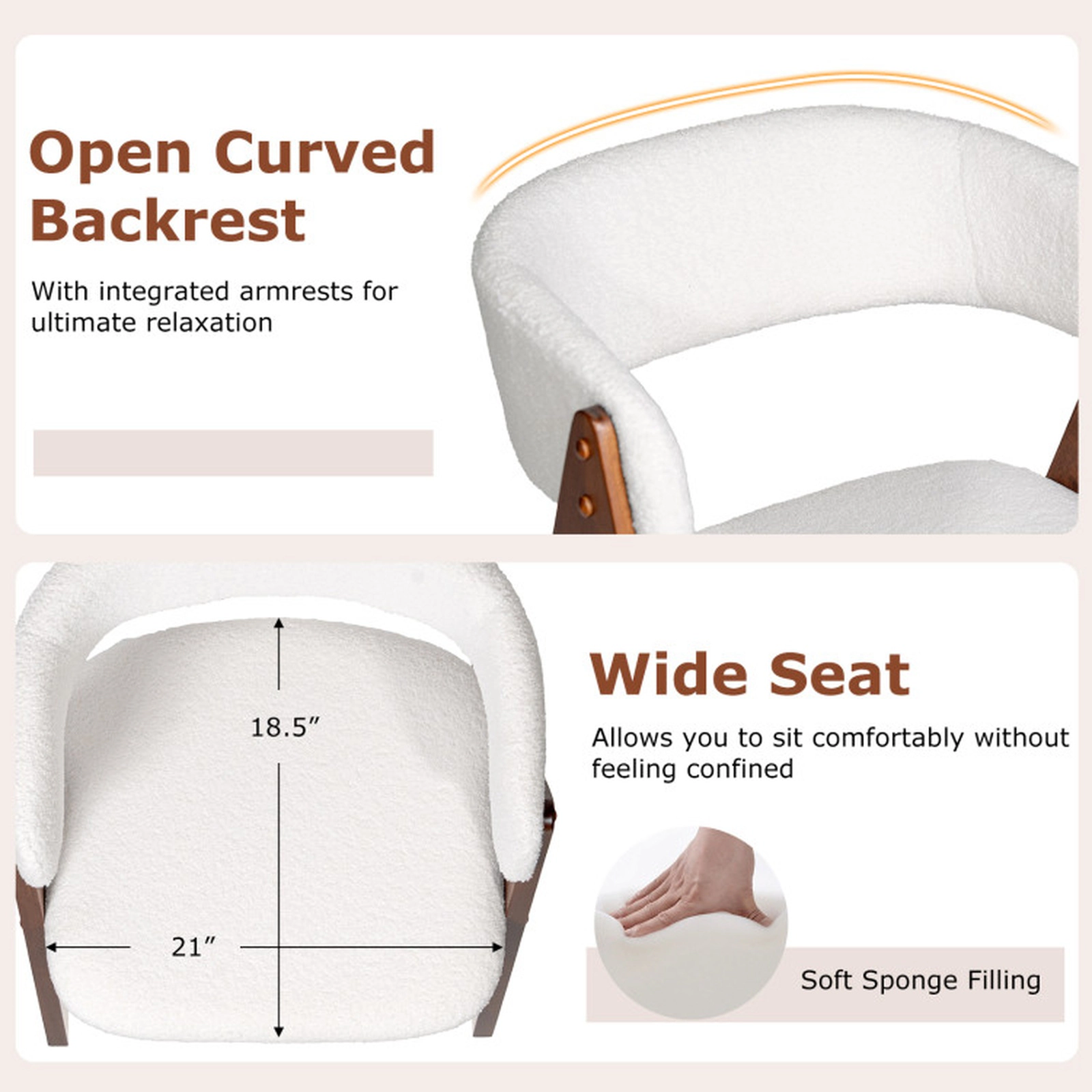 SUGIFT Walnut Wooden Mid Century Sherpa Upholstered Curved Arms Set of 4 Dining Chairs