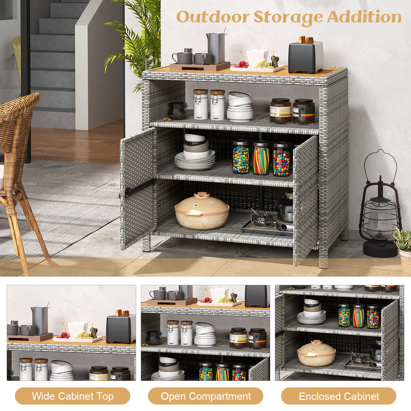 SUGIFT Storage Sideboard Cabinet with Acacia Wood Countertop 100-lb Top Capacity Black Natural Mixed Brown Mixed Gray