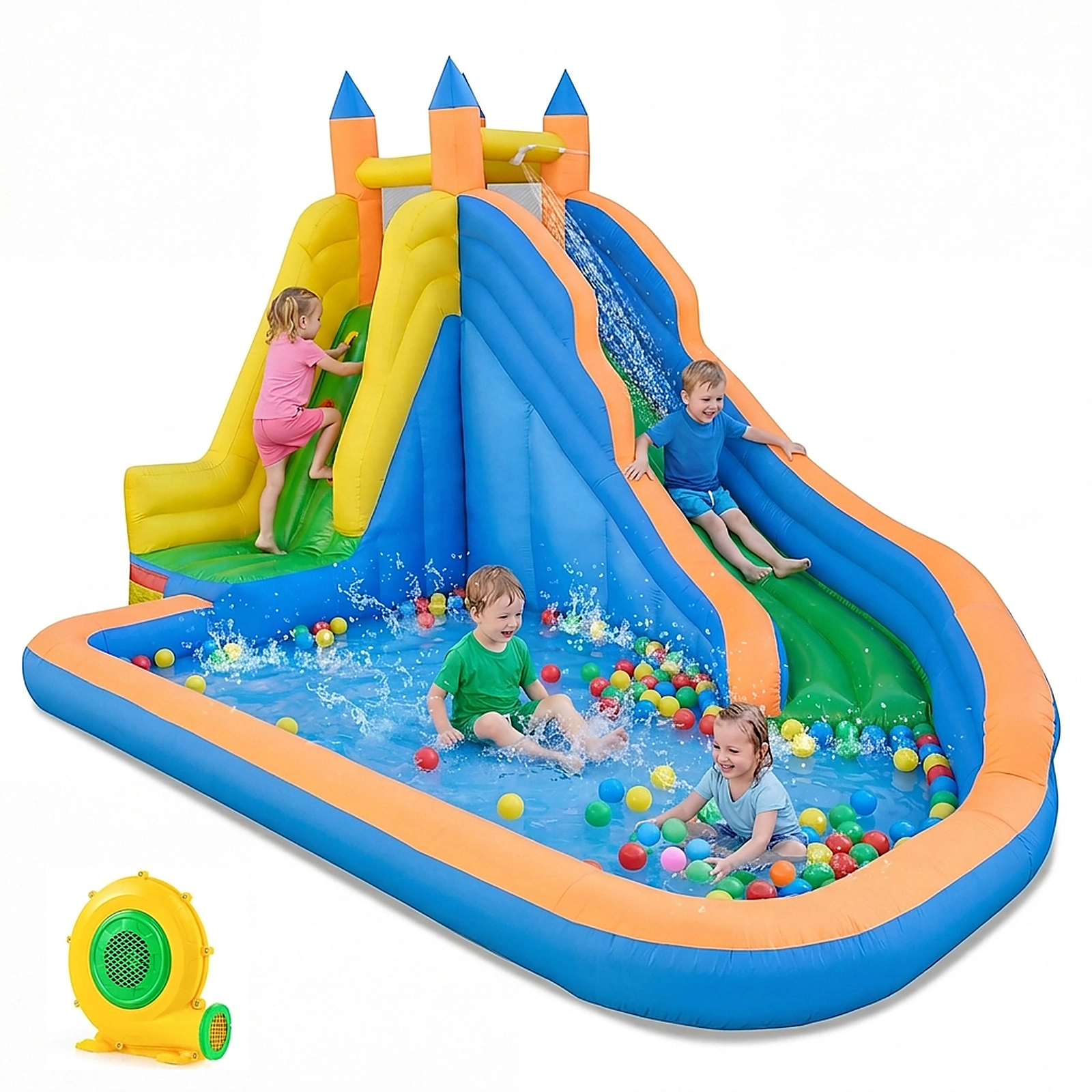 SUGIFT Curved Slide Climbing Wall and 680W Blower 3-in-1 Kids Inflatable Water Slide