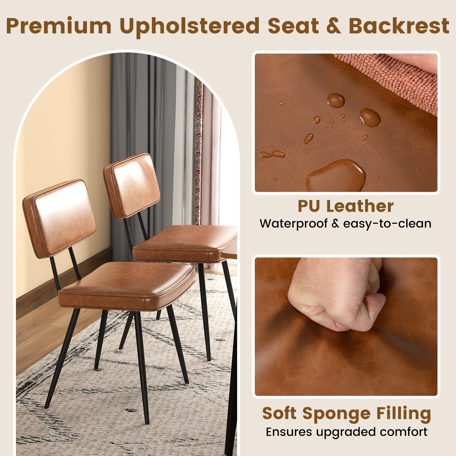 SUGIFT Set of 2 Faux Leather Padded Backrest Metal Frame Dining Chairs 22-in x 19-in x 33.5-in 330-lb Capacity Brown