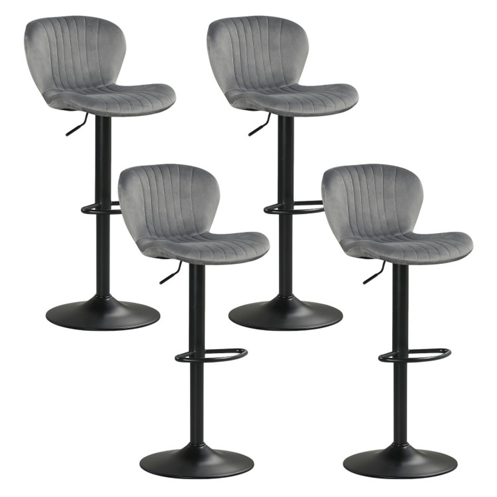 SUGIFT Set of 4 Gray Adjustable Velvet Swivel Bar Stools with Backrests and Footrests