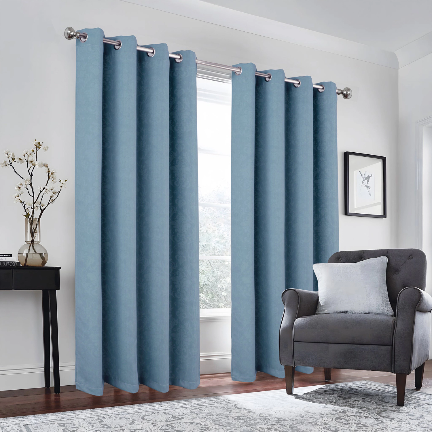 Olivia Gray 100% Polyester 190 GSM Cressida Reversible Blackout Grommet Curtain Panel 54" x 90" Blue