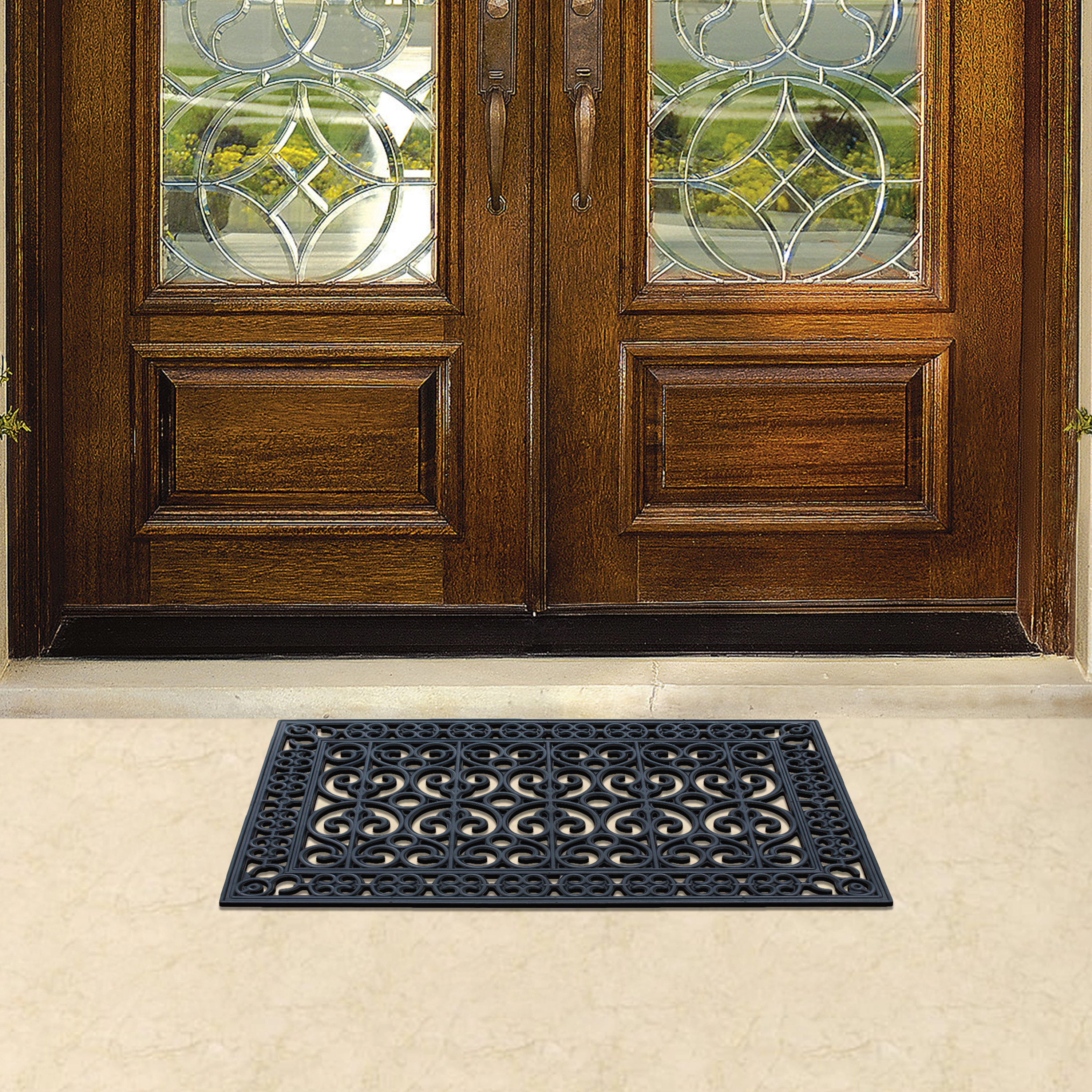 A1 Home Collection 9 lb Heavy Duty Rubber Doormat Non-Slip Outdoor Dirt Scraper Mat, Black Paisley, 24 x 36 Inches
