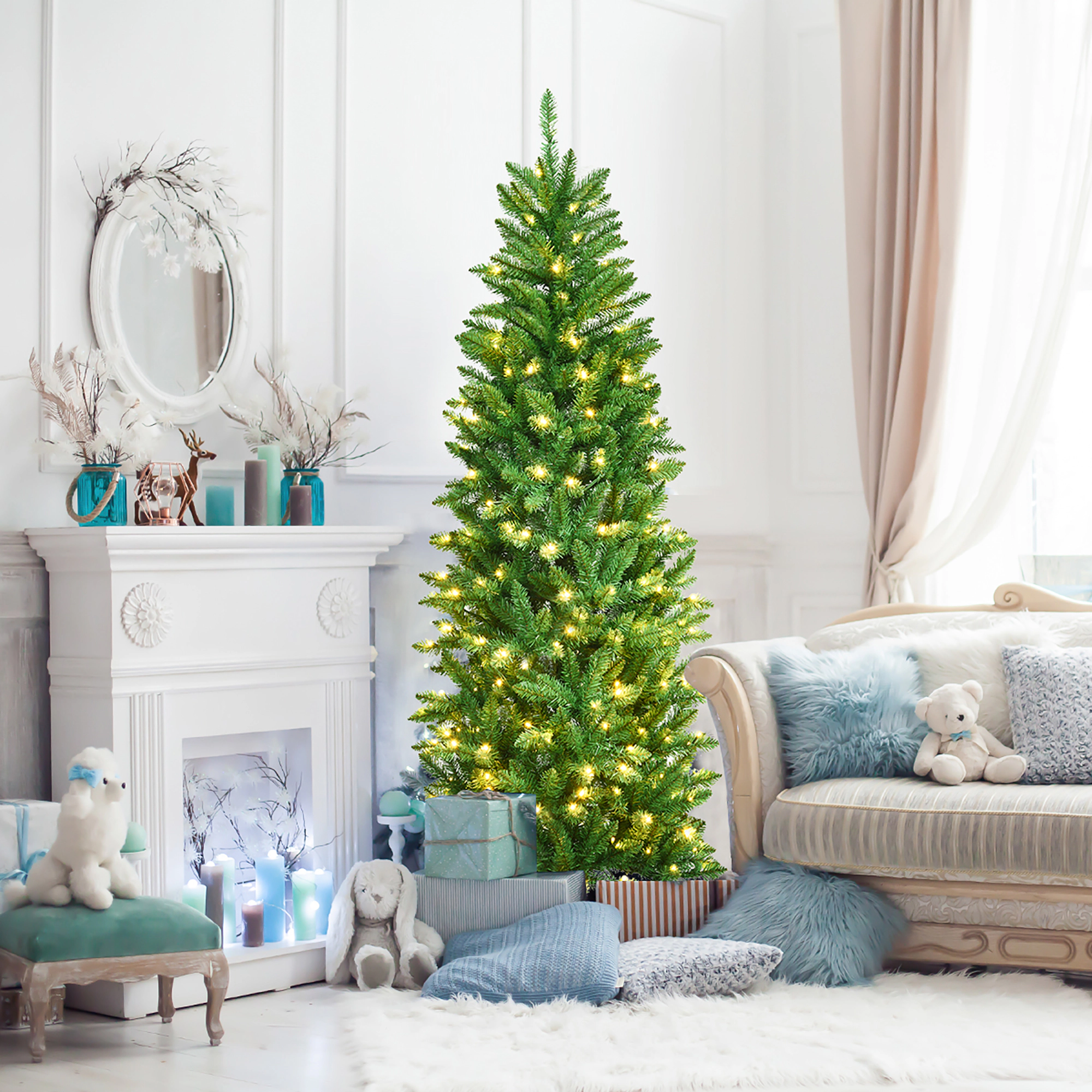 Costway 5/6/7Ft Pre-lit Artificial Pencil Christmas Tree Hinged Fir PVC Tree with 150/250/350 LED Lights