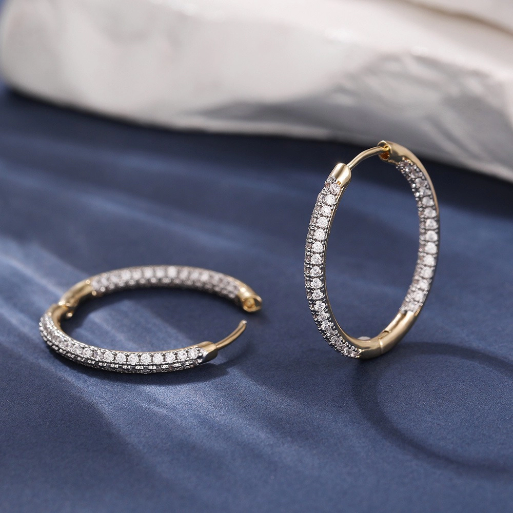 Double Row Paved Cubic Zirconia Hoop Earring Gold Plated Sparkling CZ Large Hoop Earring