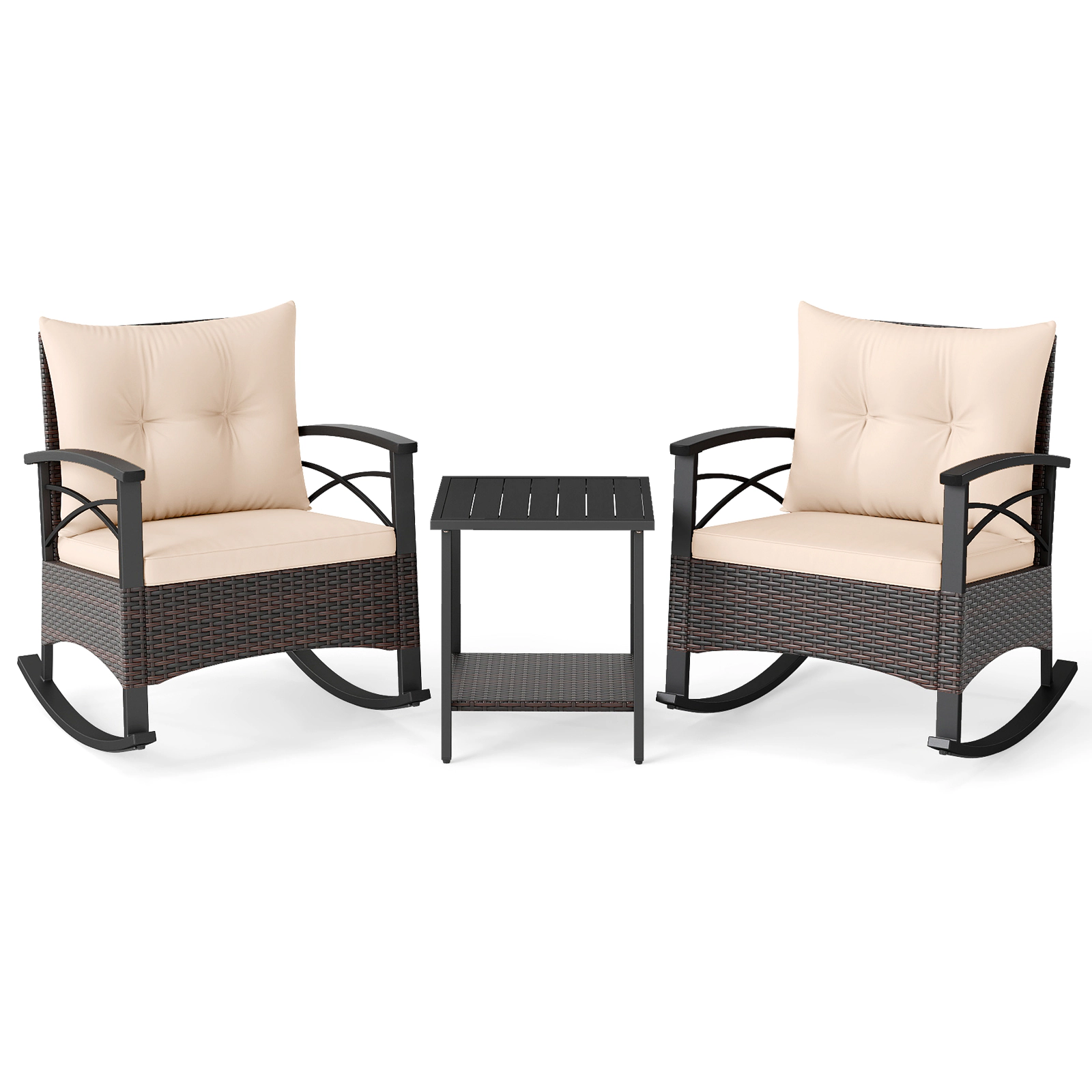 LJG 3 Piece Rocking Bistro Set PE Rattan Rocker Chairs with Acacia Wood Top Table