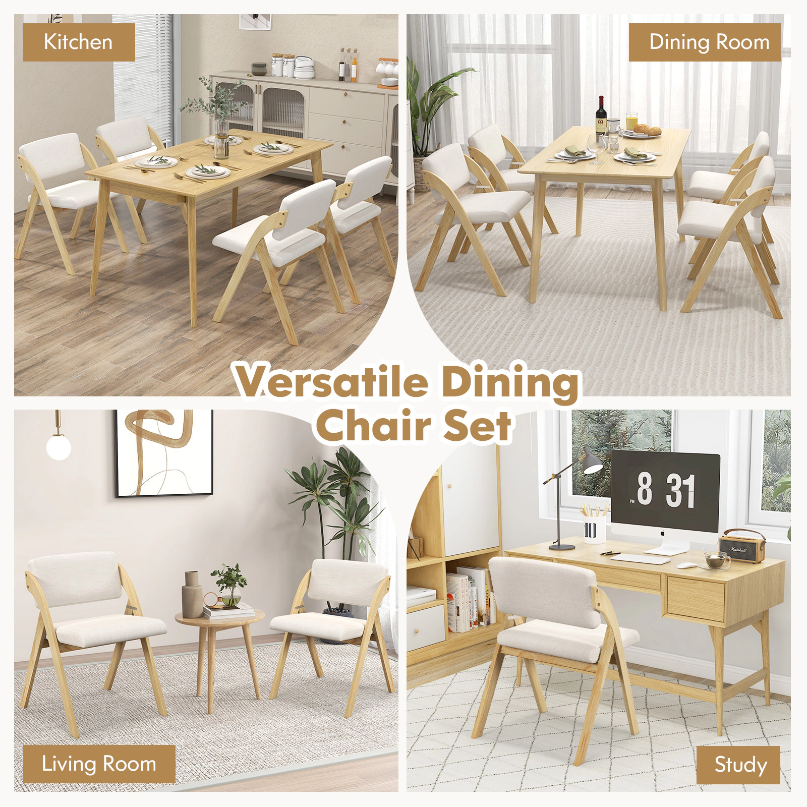 SUGIFT Thick Padded Folding Kitchen Dining Chairs with Rubber Wood Legs 355-lb Capacity Natural & Beige