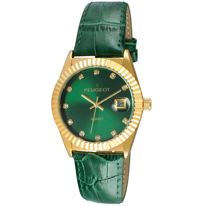 Peugeot Women's Green 36mm Fluted Bezel Watch with Leather Strap