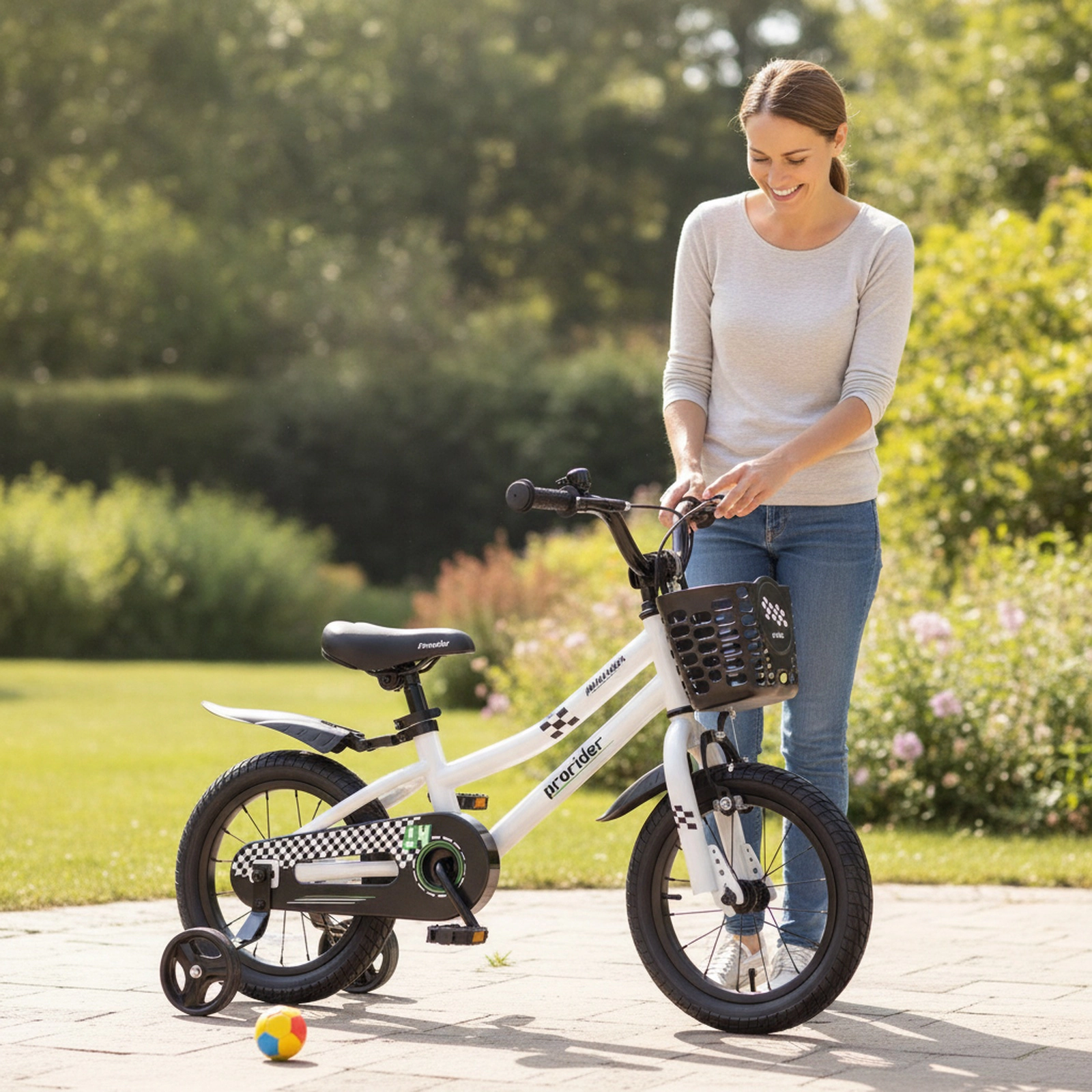 14-in Kids Bike 2 Training Wheels 5-Layer Pneumatic Tires Removable Basket Adjustable Saddle Ages 3-5 Black White