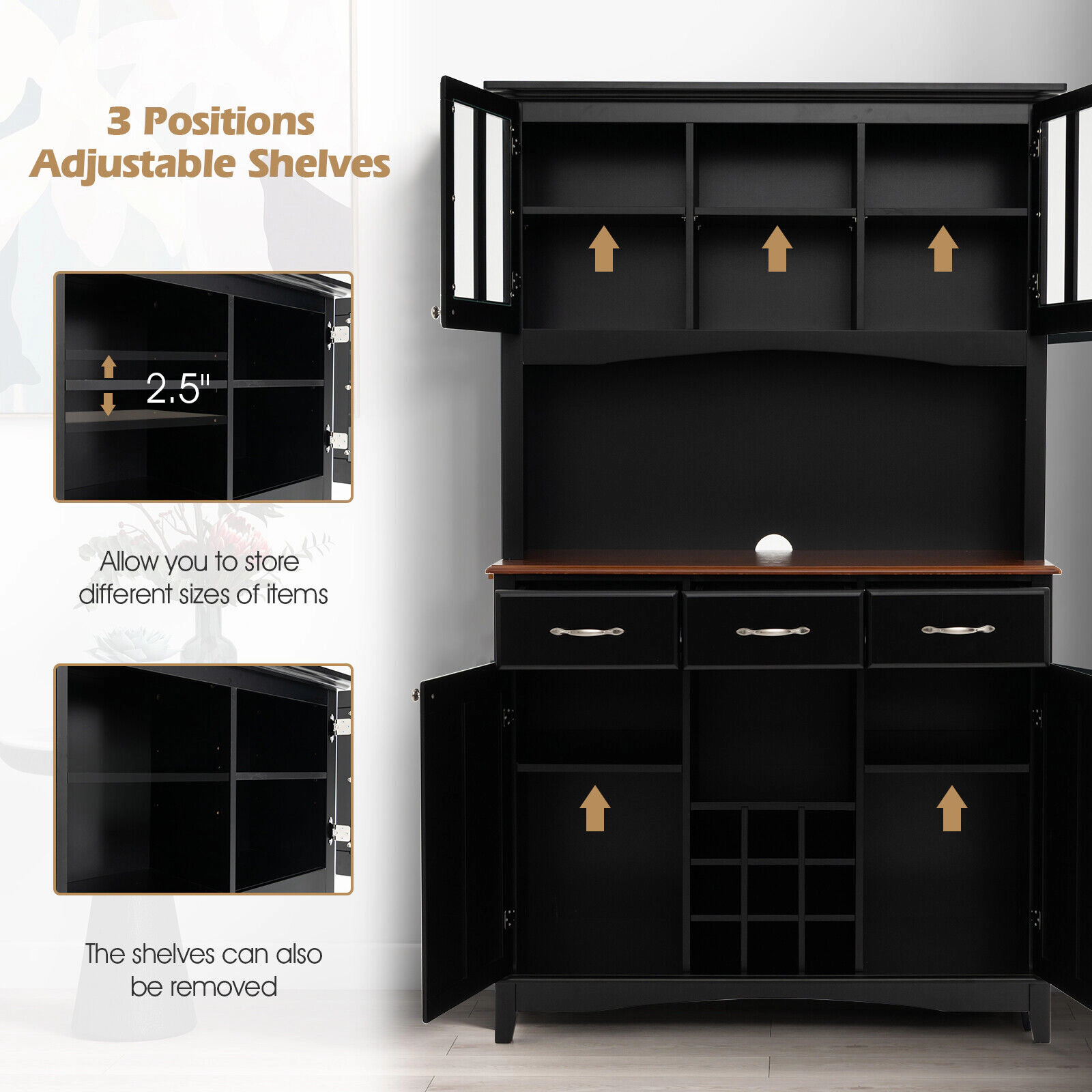 SUGIFT 72.5-in Tall 445-lb Capacity Black Storage Cabinet Hutch with 9-Bottle Wine Rack Glass Doors and 3 Drawers