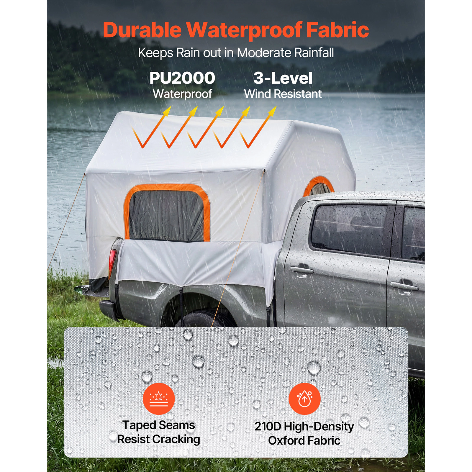 HONGGE Inflatable Truck Bed Tent, 7.2x5.4 ft PU2000 Waterproof Camping Tent for 2-3 Person, with Air Pump & Mesh Windows