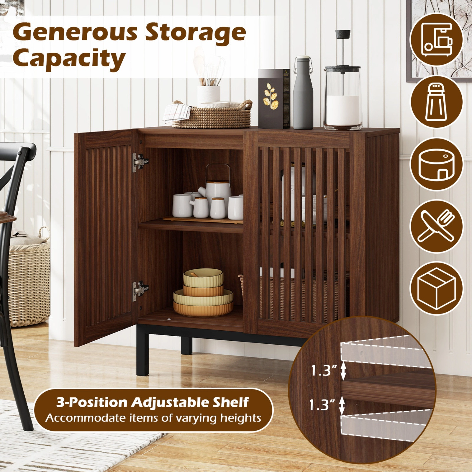 SUGIFT 2-Door Slatted Grille Adjustable Shelf Buffet Sideboard 32-in x 16-in x 32-in 155-lb Capacity Walnut