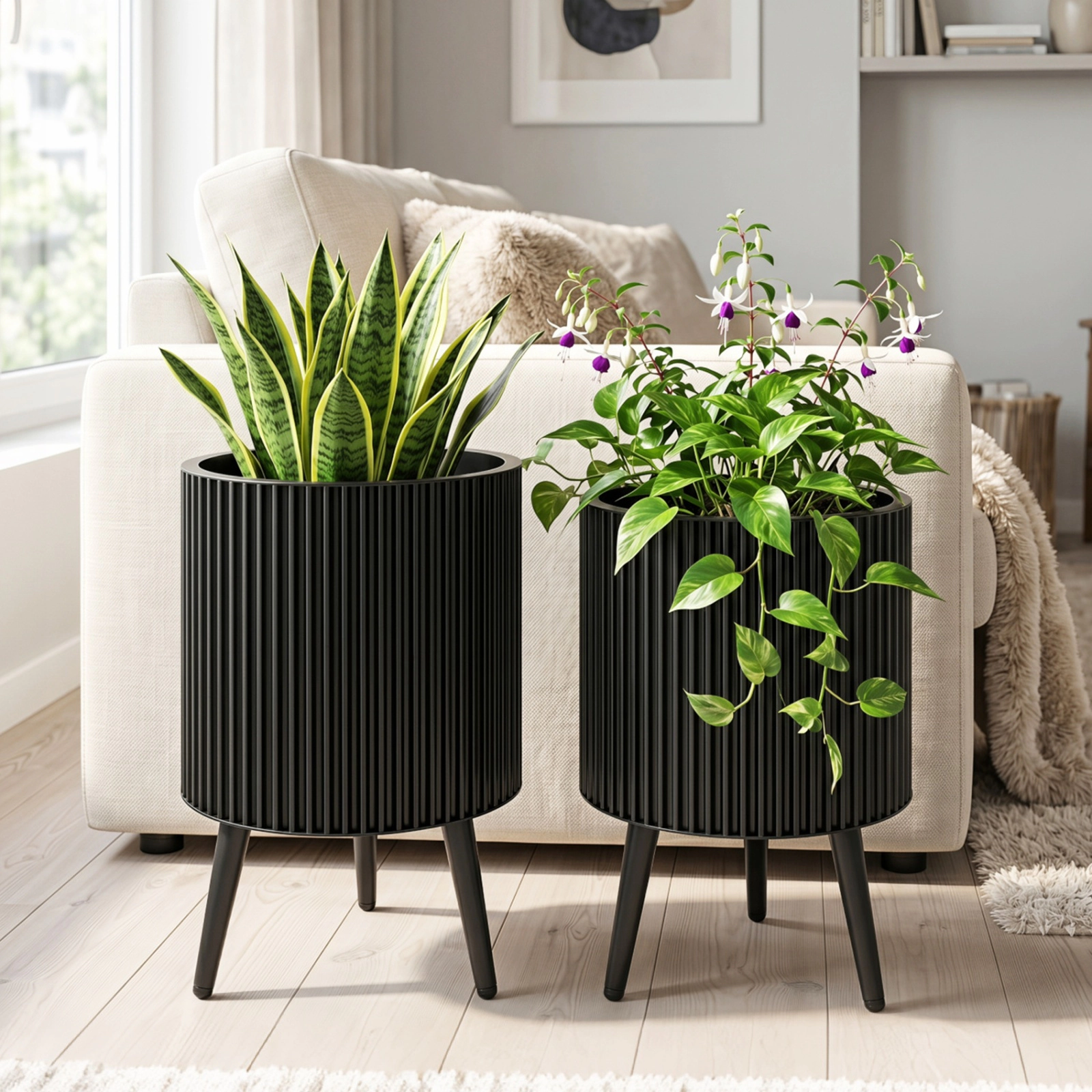 SUGIFT Set of 2 22-in Tall 110-lb Per-Pot Capacity Fluted Metal Flower Pots with Stand and 3 Drain Holes