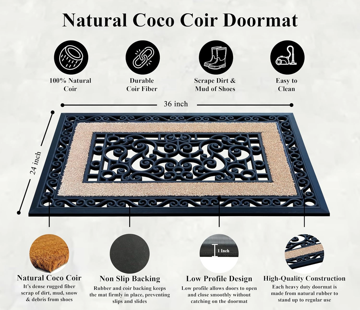 A1 Home Collections Coir and Rubber Door Mat 23x35 Inches Heavy Duty Iron Gate