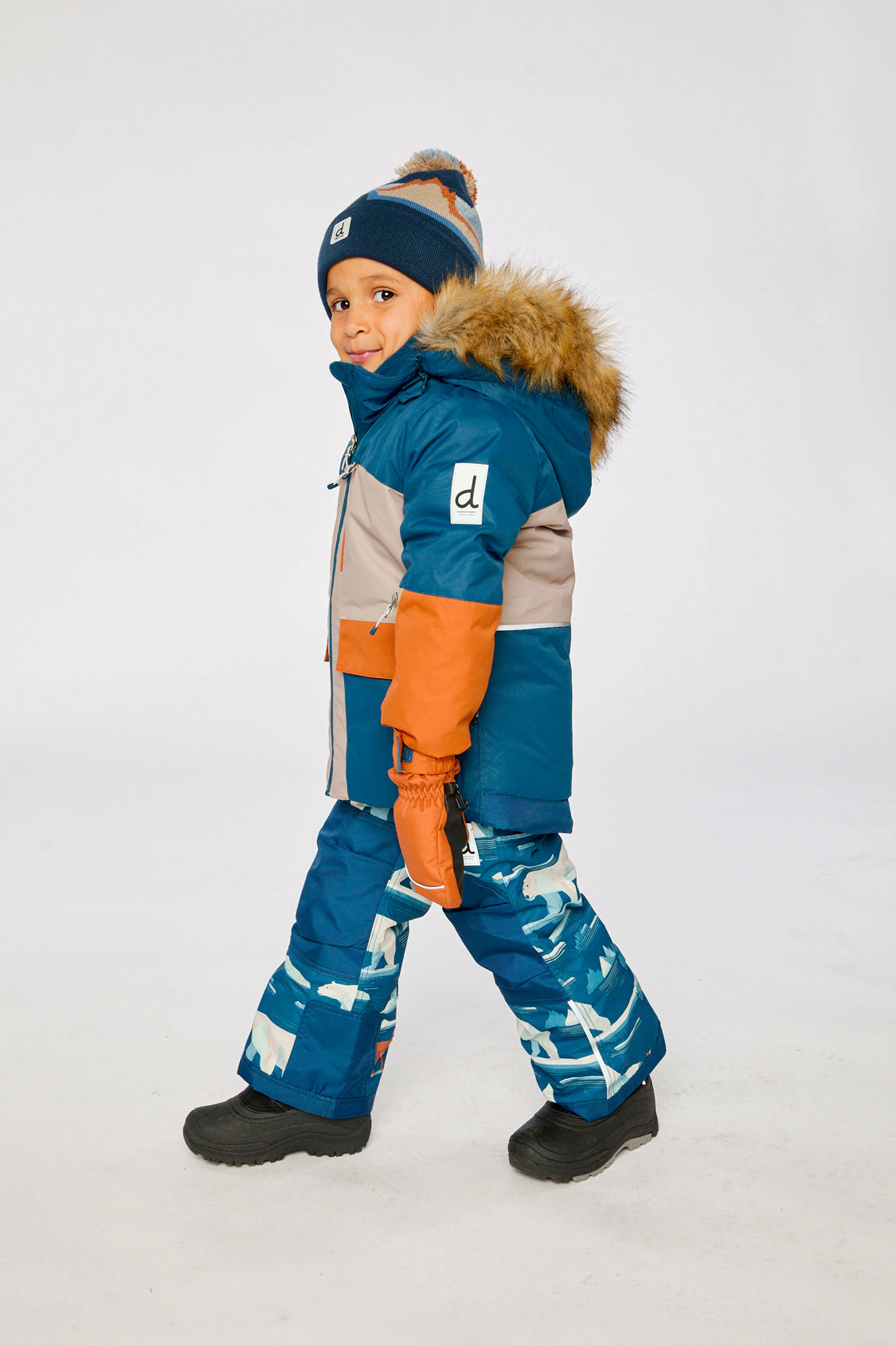 Deux par Boys Colorblock Two Piece Play Snowsuit with Hooded Jacket and Bear Print Snow Pants