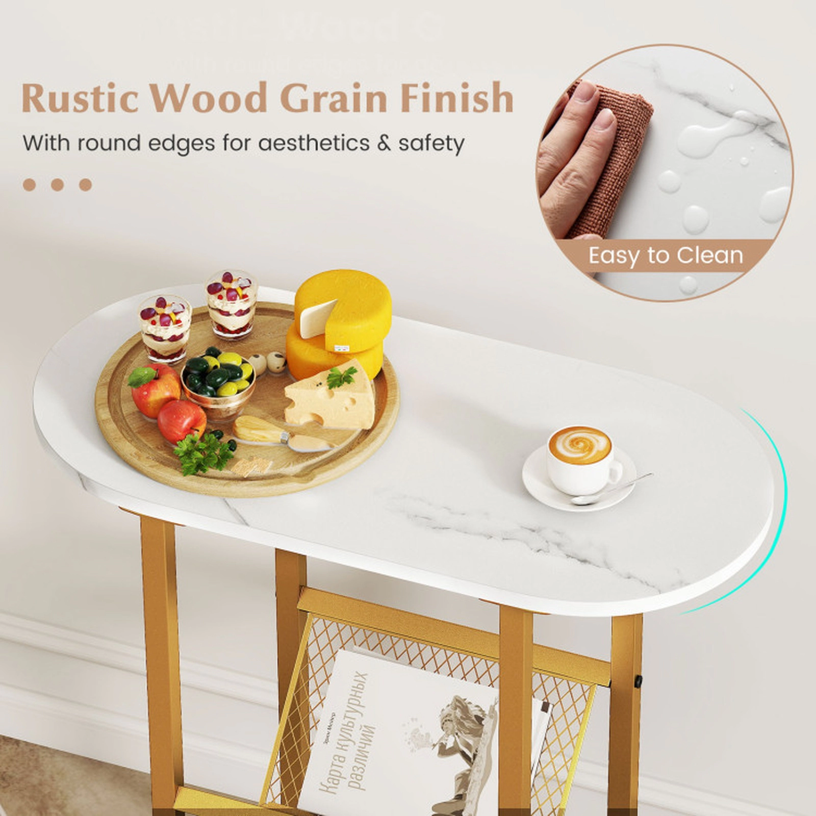SUGIFT 2-tier Industrial Oval Side Table Mesh Shelf 110-lb Tabletop 22-lb Shelf Capacity 23-in Long White Rustic Brown