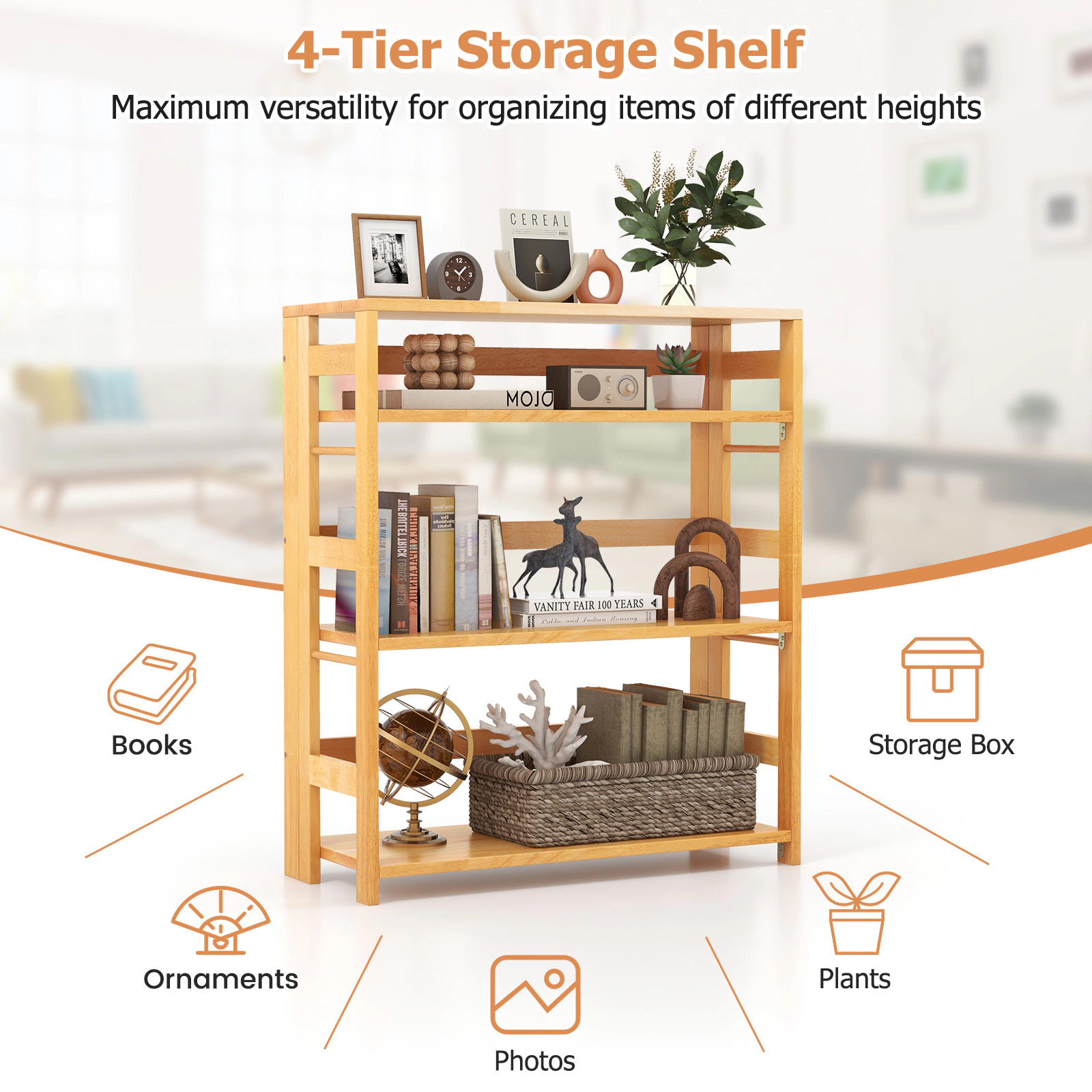 SUGIFT 4-Tier Bookshelf with Side Fences 33-lb Shelf Capacity Natural