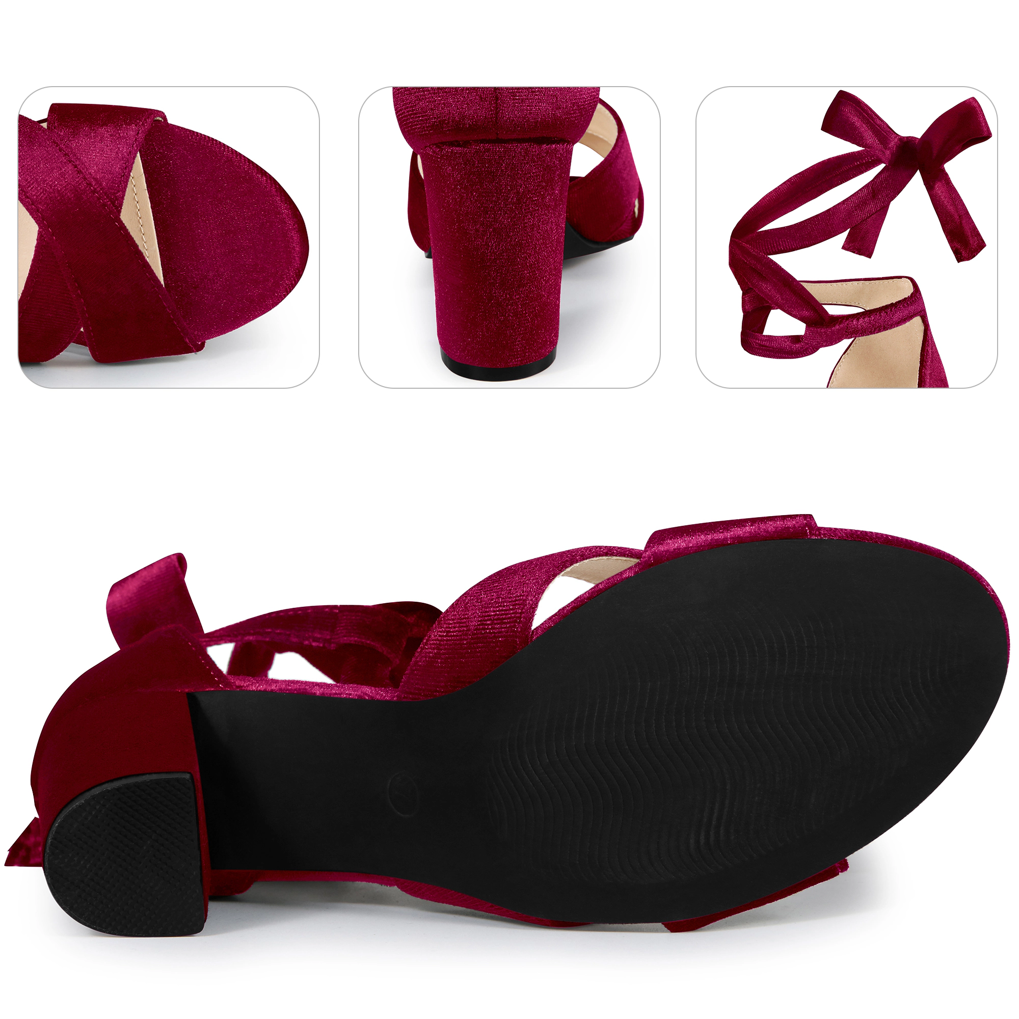 BLISSFUL STEP Women's Velvet Crisscross Strap Lace Up Open Toe Chunky Heel Sandals